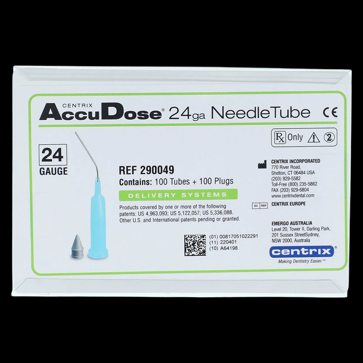 Centrix AccuDose NeedleTubes, 24 Gauge, Aqua Blue, 100/Box, 290049