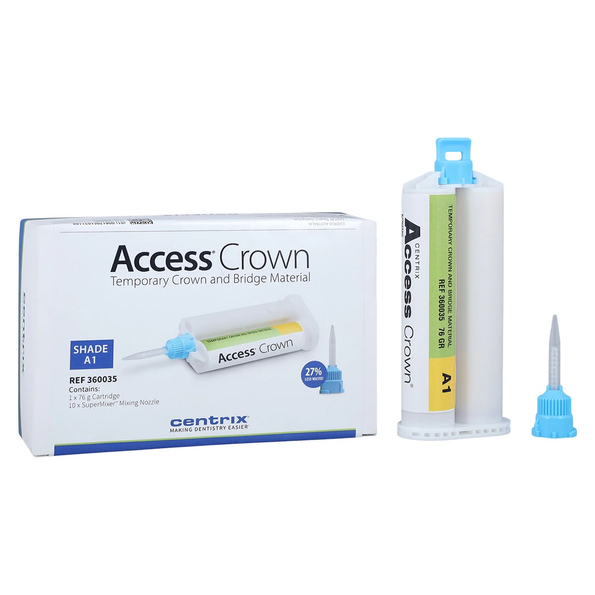 Access Crown® Temporary Crown and Bridge Material, Bis-Acryl Automix Cartridge Refill, Shade A1, 76 g, 1 Cartridge + 10 SuperMixer™ Nozzles, 360035