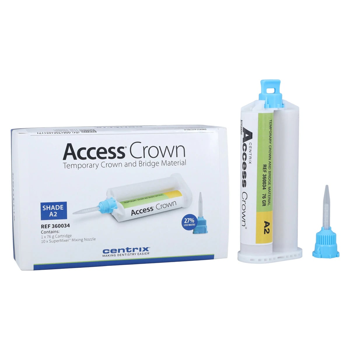 Access Crown Bis-Acryl Temporary Crown & Bridge Material, Shade A2, 76 g Cartridge with 10 SuperMixer™ Nozzles, 1 Kit, 360034