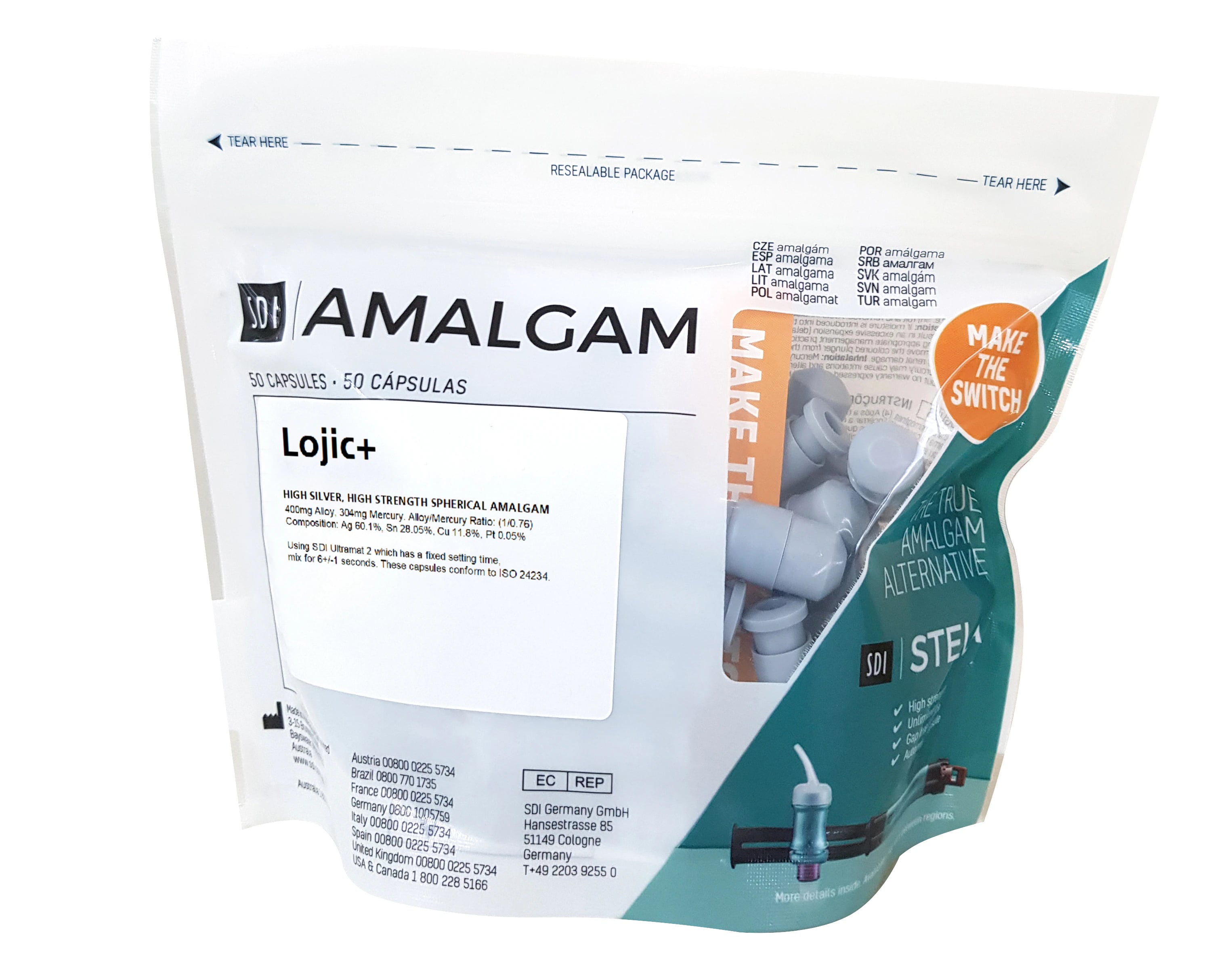 SDI Lojic+ Spherical Amalgam Capsules, 2 Spill (600 mg), Slow Set, 50/Box, #4202404