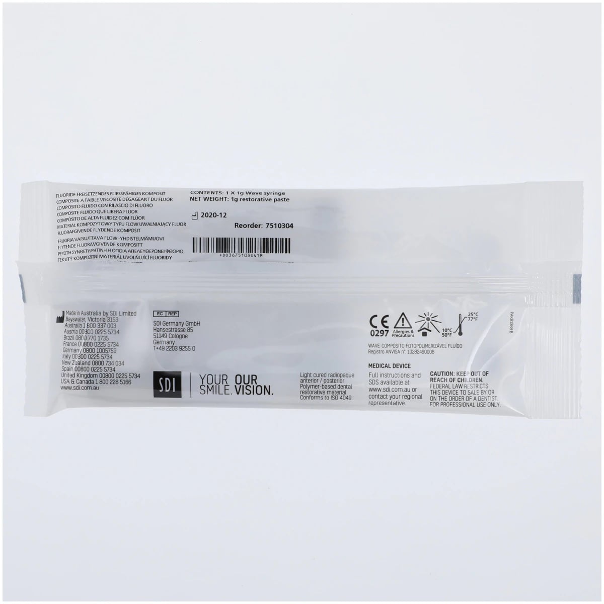 SDI Wave Nanofilled Flowable Composite, Light-Cure, Low Viscosity, Syringe Refill, Shade A3, 1 g, 5 Tips, 7510304