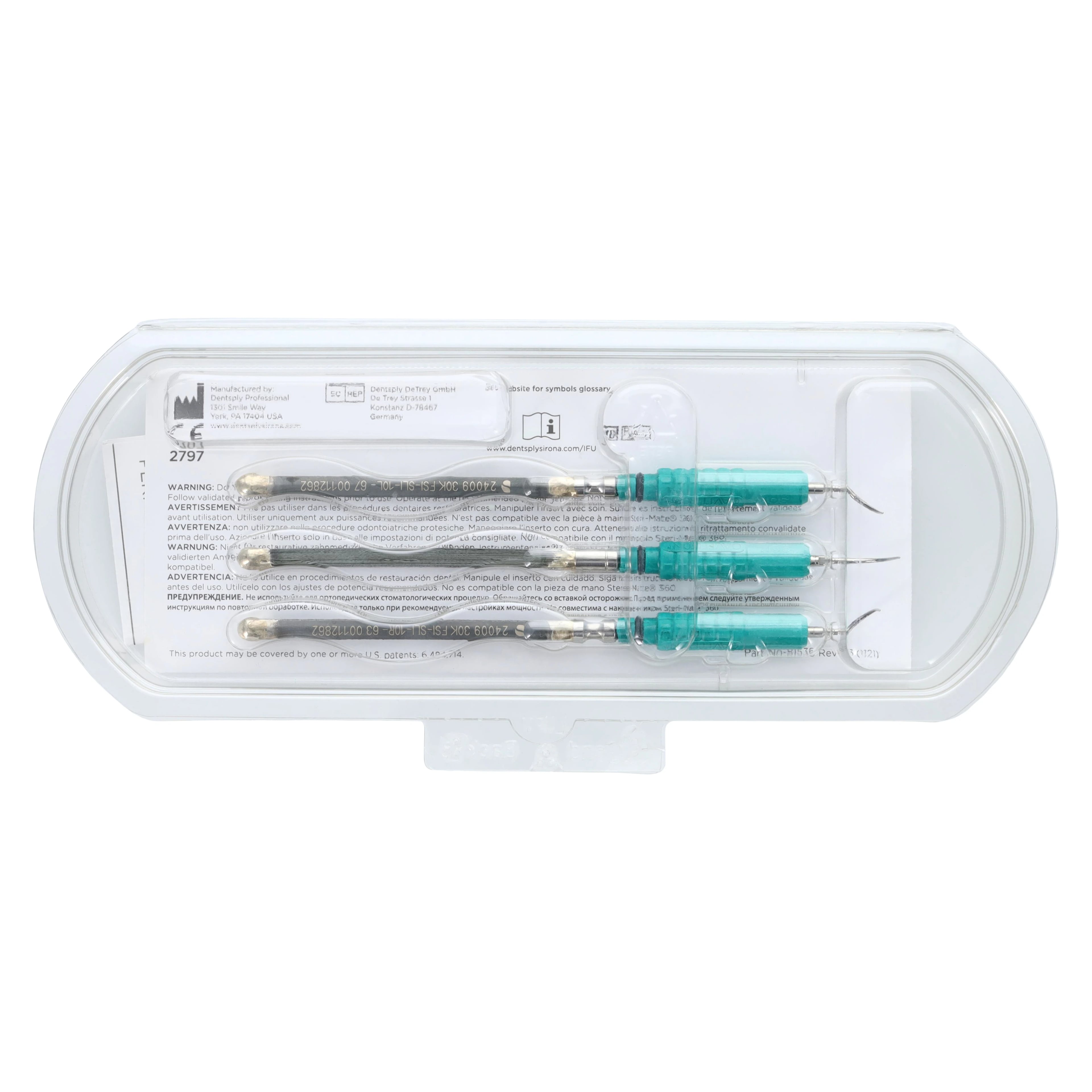 Cavitron FSI-SLI Focused Spray Slimline Ultrasonic Inserts, 30 kHz, Assorted (10S Straight, 10L Left, 10R Right), Dark Green Grip, 3/Pkg, 80399