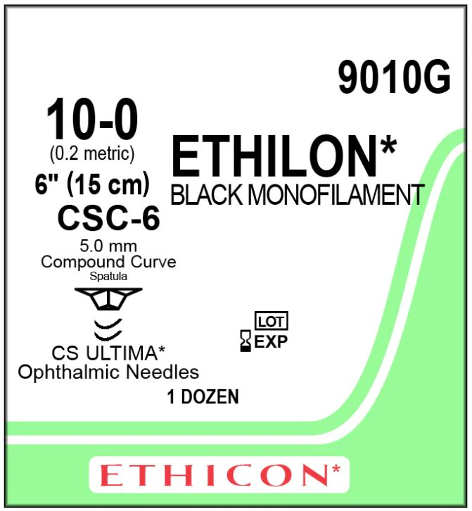 Ethicon Ethilon Nylon Suture, 10-0, Black Monofilament, 6", CS-C-6/CS-C-6 Ultima Spatula Needle, 12/Box, 9010G