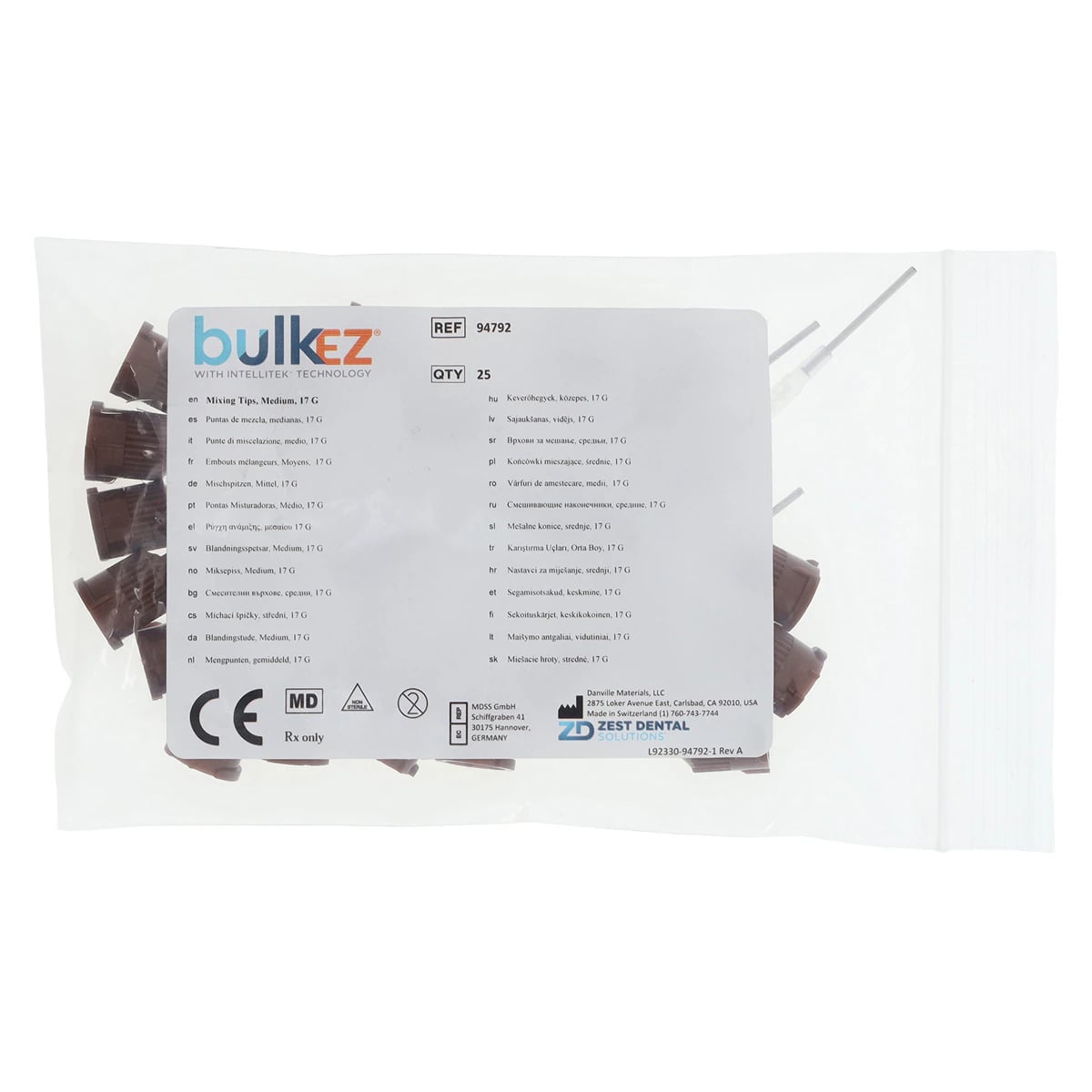 Danville Materials Bulk EZ Dual-Cure Composite Mixing Tips, 17 Gauge, Brown, Pre-Bent, 25/Pk, 94792