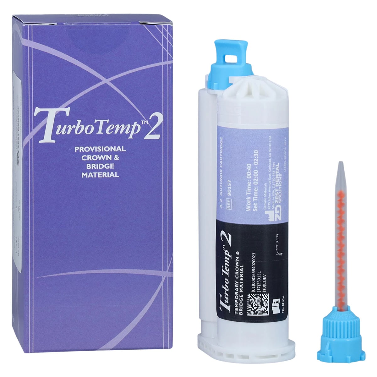 Turbo Temp 2 Provisional Crown & Bridge Material, Bis-Acrylic Self-Cure Temporary, A2 Shade, 76g Cartridge Refill, 10 Mixing Tips, 1/Pk, 90157