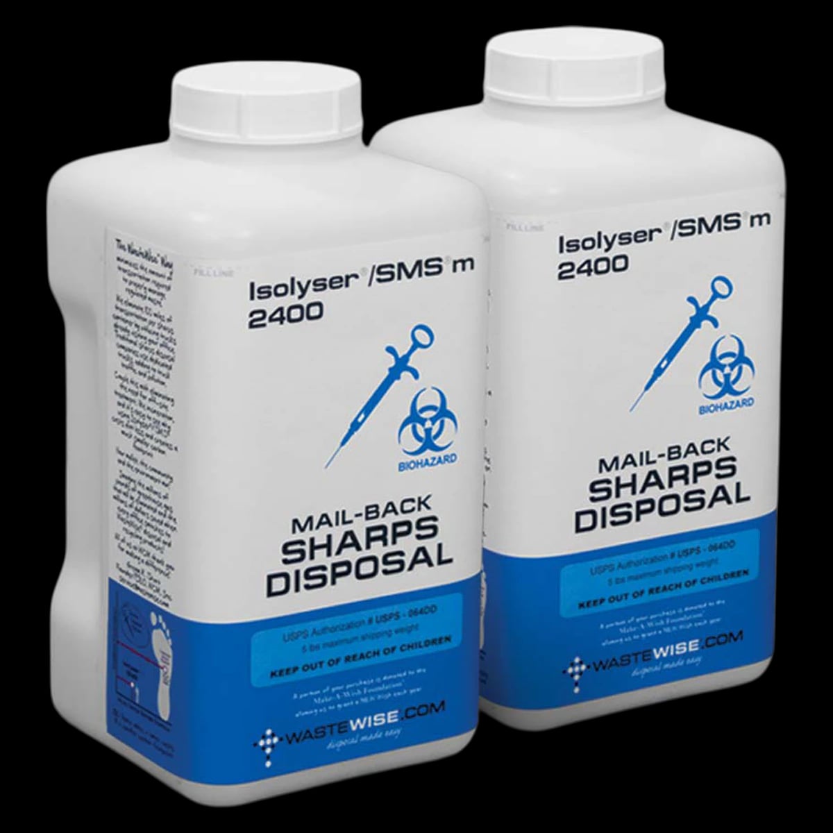 Isolyser/SMS Sharps Mailer System, 0.8 gal, Blue/White, 5x5x9.5", Vertical Drop, Plastic, Built-In Handle, Free Standing, Disposable, 2/Package