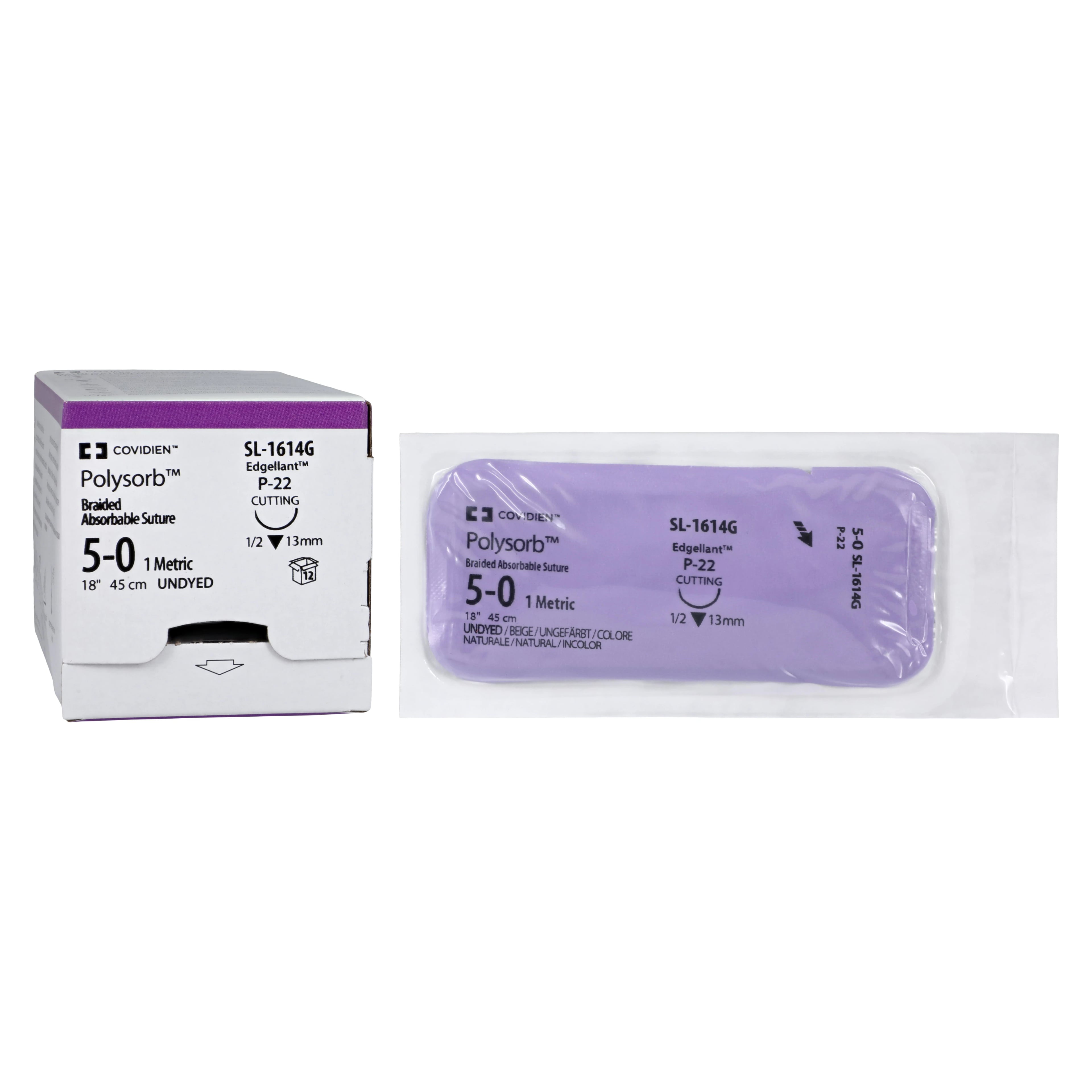 Medtronic Polysorb Absorbable Suture, 5-0, 18", P-22 Premium Reverse Cutting 1/2 Circle Needle 13mm, Undyed, 12/Case