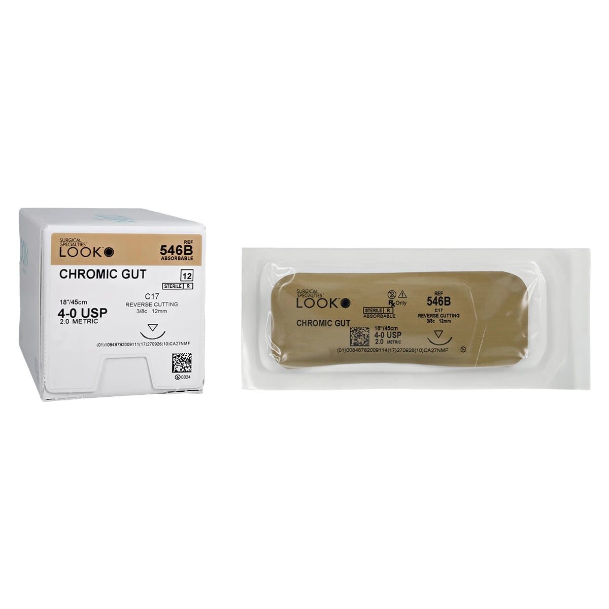 Look 4-0 Chromic Gut Absorbable Suture, 18", C-17 Reverse Cutting Needle, 3/8 Circle, 12/Box, #546B