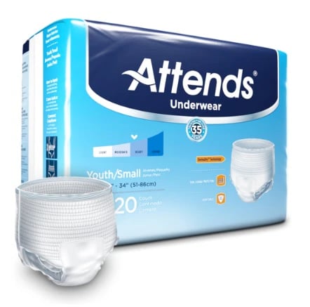 Attends Incontinence Underwear, Unisex Child/Youth Small, Super Plus, 22-34" Waist, White, 80/Case