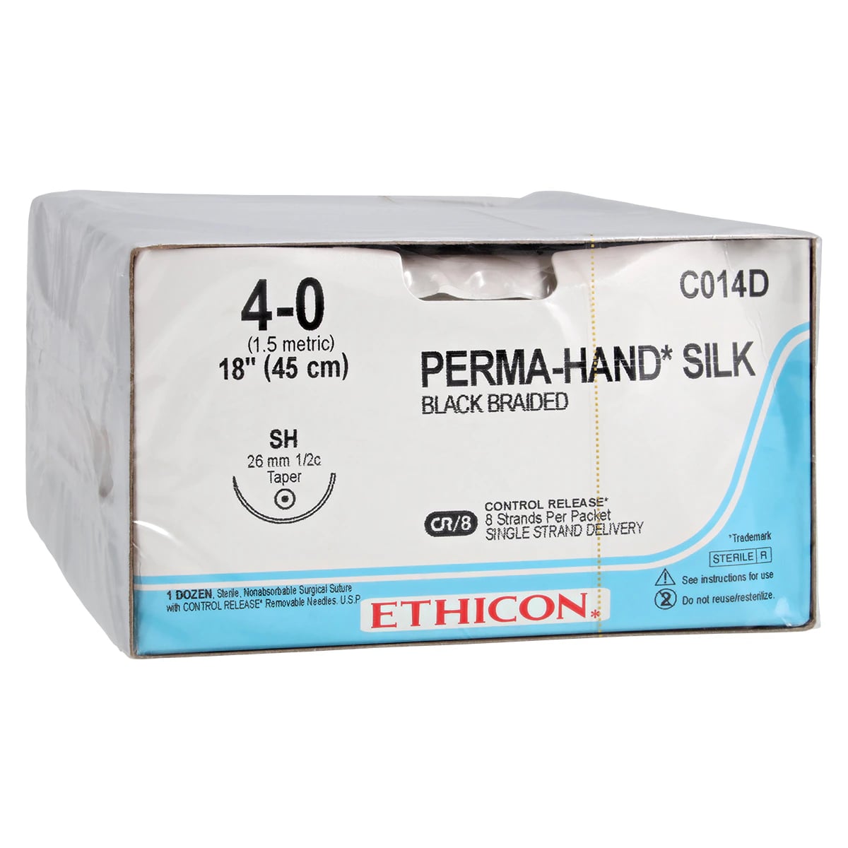 Ethicon Perma-Hand Silk Suture, 4-0, 8-18" Black Braided, SH Taper Point 1/2 Circle Needle, Control Release, Safety Organizer Tray, 12/Bx, C014D
