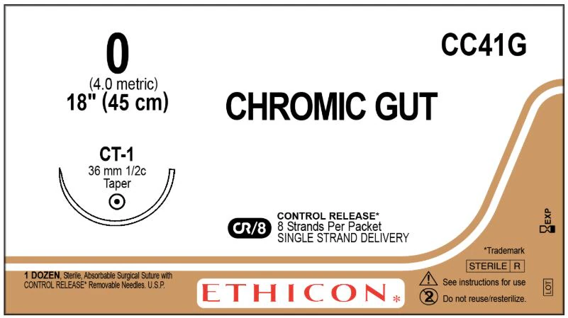 Ethicon Chromic Gut Surgical Suture, Size 0, 8-18" CT-1 Taper Point 1/2 Circle Needle, 12/Box, CC41G