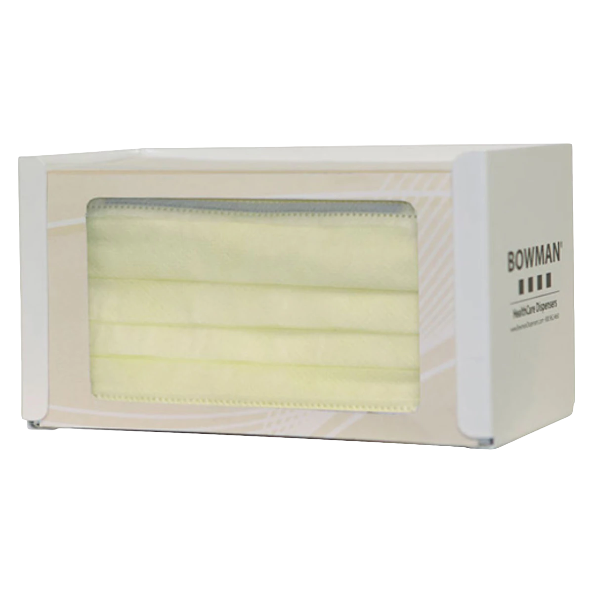 Bowman Face Mask Dispenser with Earloop, White Powder-Coated Steel, 7.56"W x 4.25"H x 4.13"D