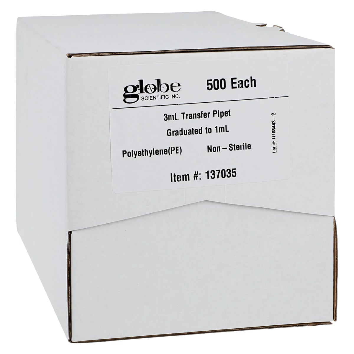 Globe Scientific Transfer Pipet, Graduated, 3 mL, 1 mL Graduation, 140 mm, Small Bulb, Non-Sterile, Disposable, 500/Box