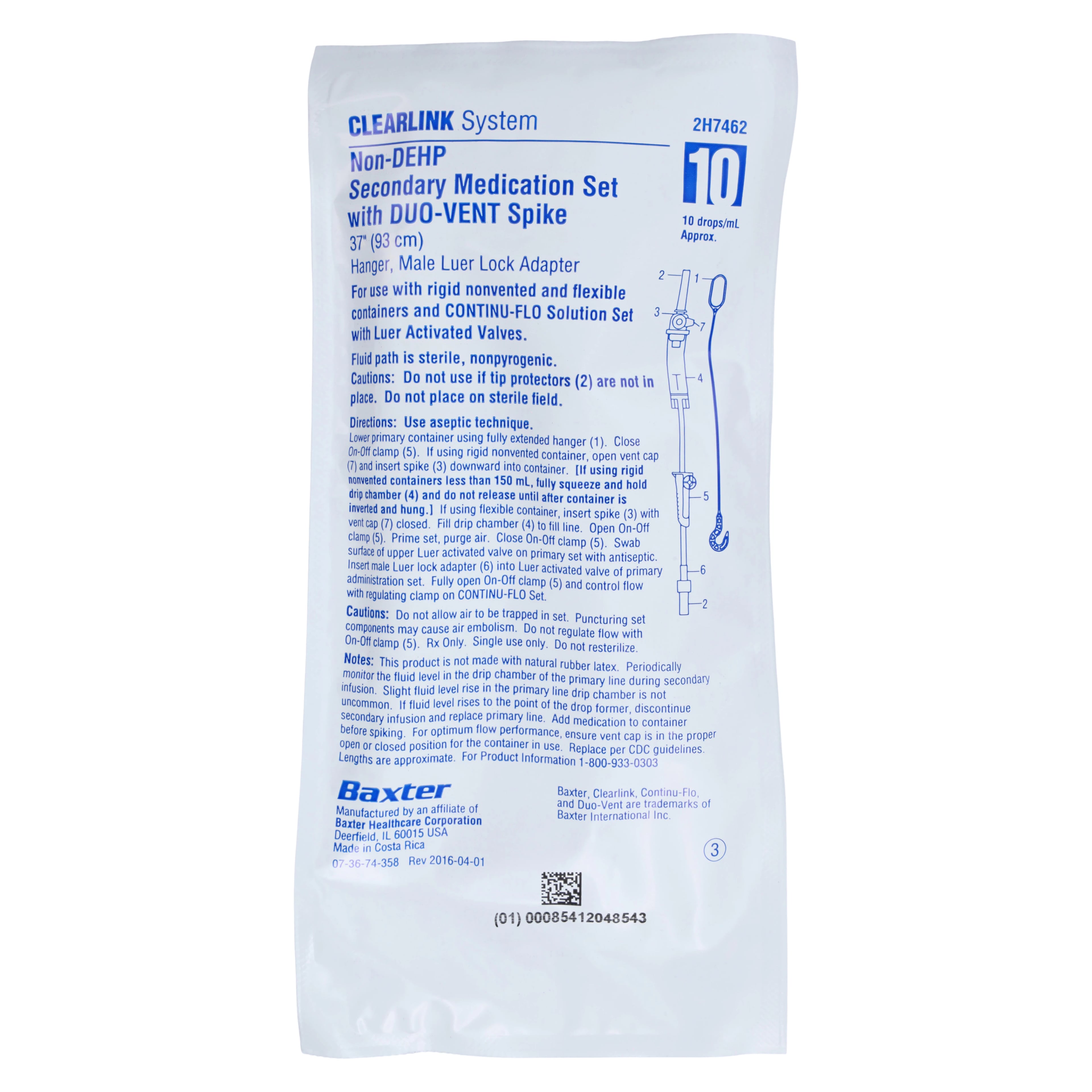 Baxter Clearlink Non-DEHP Secondary IV Administration Set, 10 Drops/mL, 37" Male Luer Lock Adapter, Secondary Infusion Spike/Duo-Vent Spike, Clearlink Luer Activated Valve, Sterile, 48/Case