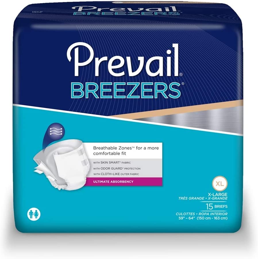 Prevail Breezers Incontinence Brief, Unisex Adult, XL (59-64"), Heavy Absorbency, Beige, Quick Wick Topsheet, Disposable, 60/Case
