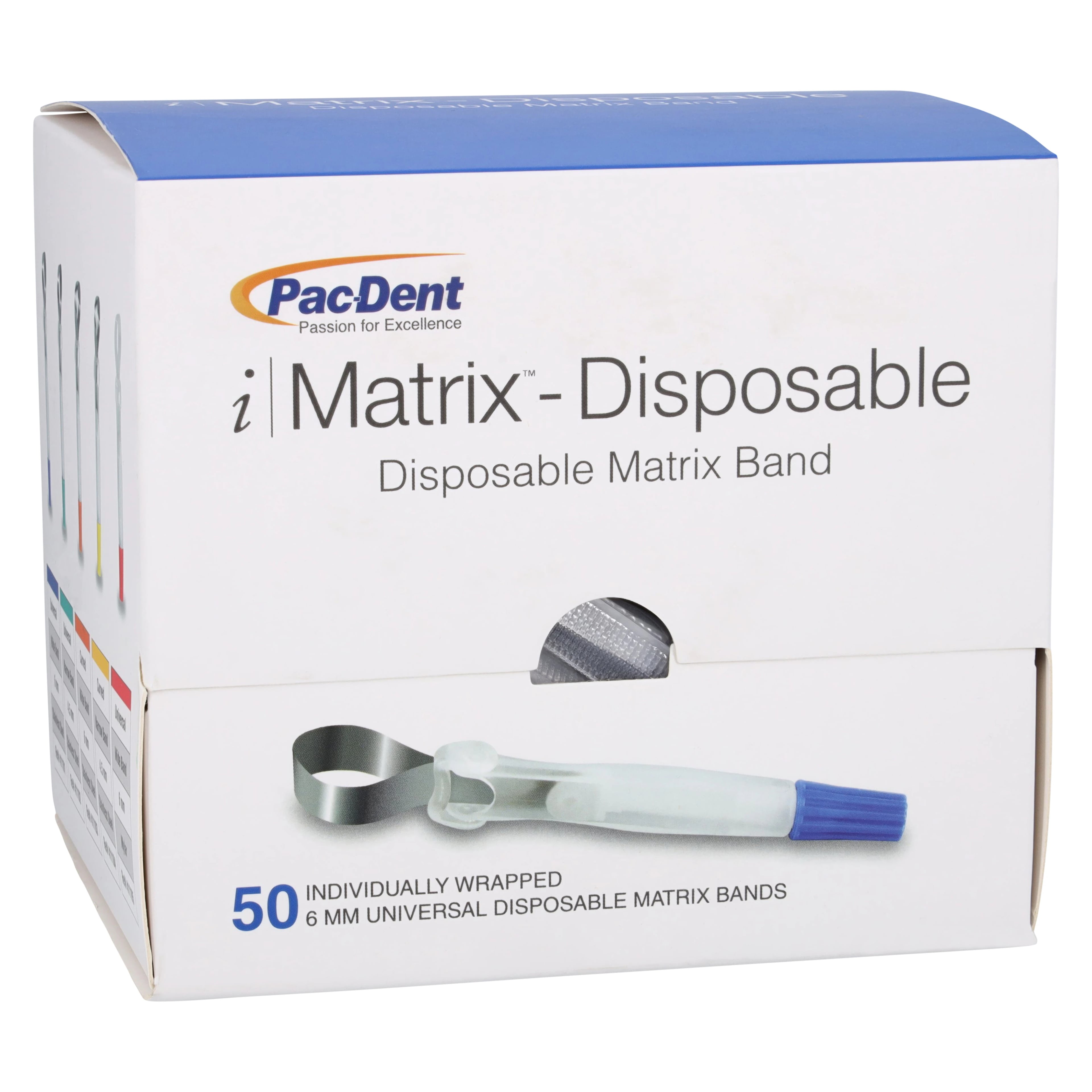 iMatrix Disposable Matrix Bands, 6mm Wide, Universal Shape, Stainless Steel, Blue, 50/Box, 411101