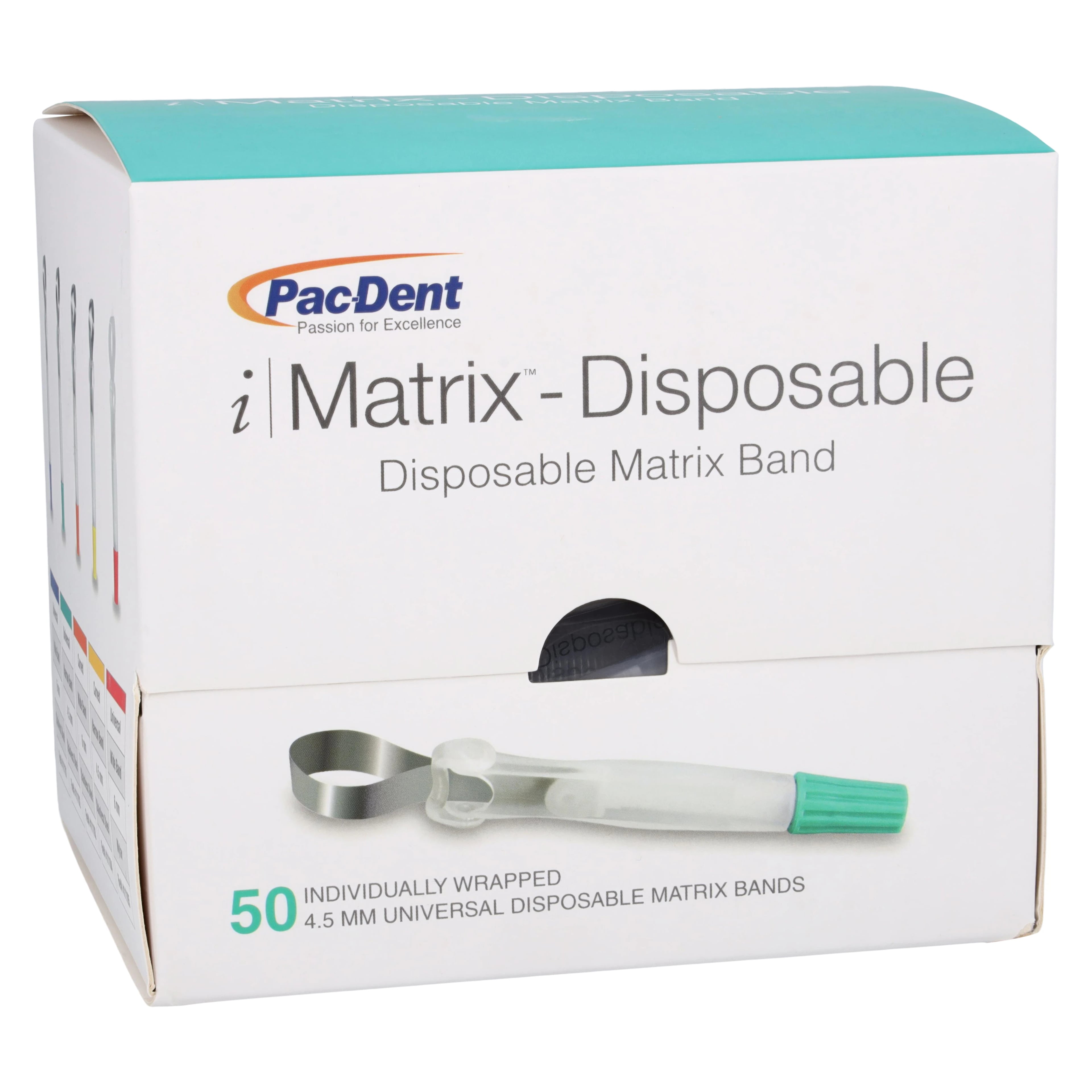 iMatrix Disposable Matrix Bands, 4.5mm Narrow Universal Shape, Stainless Steel, Teal, 50/Box, 411102