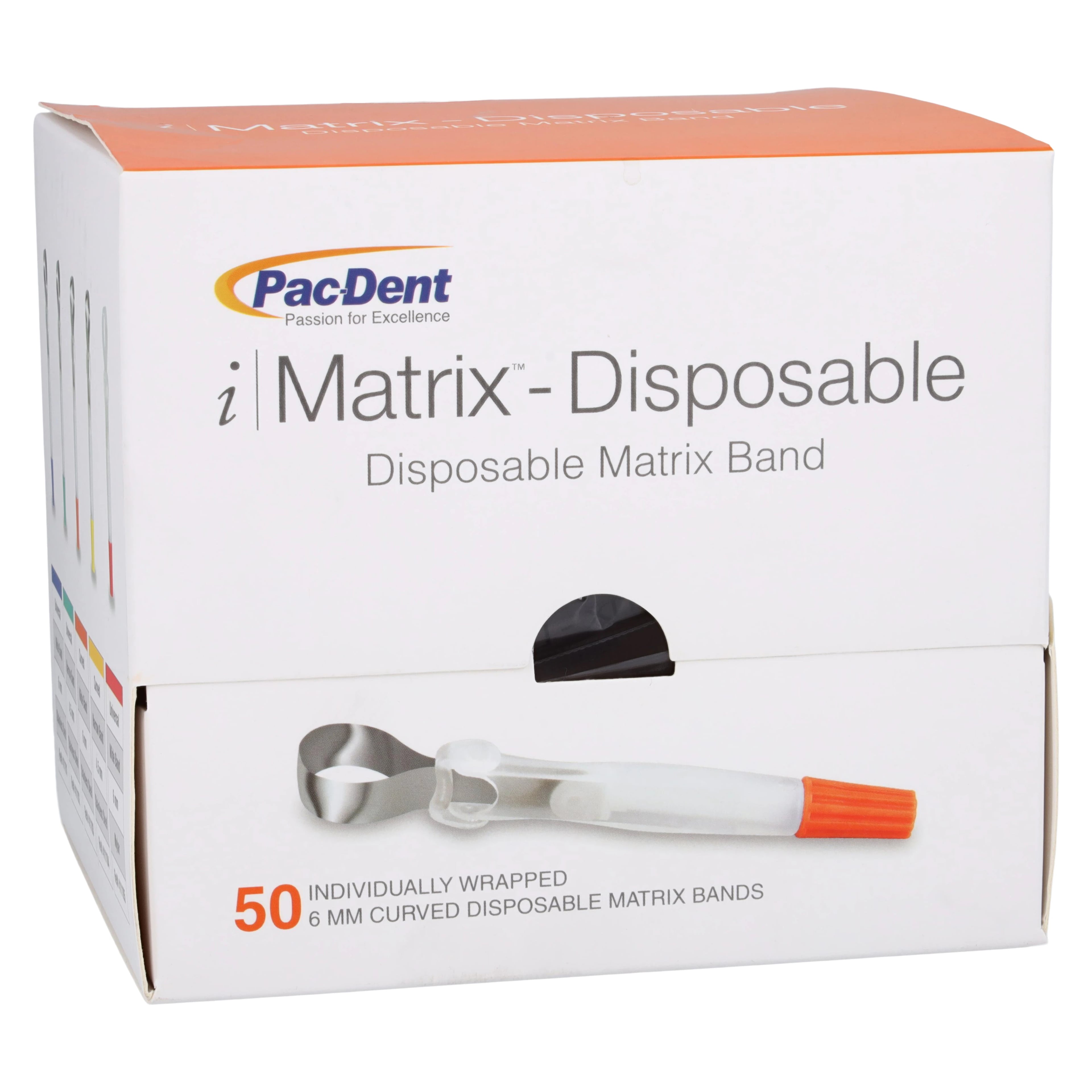 iMatrix Disposable Matrix Bands, 6mm Wide Curved Shape, Stainless Steel, Orange, 50/Box, 411103