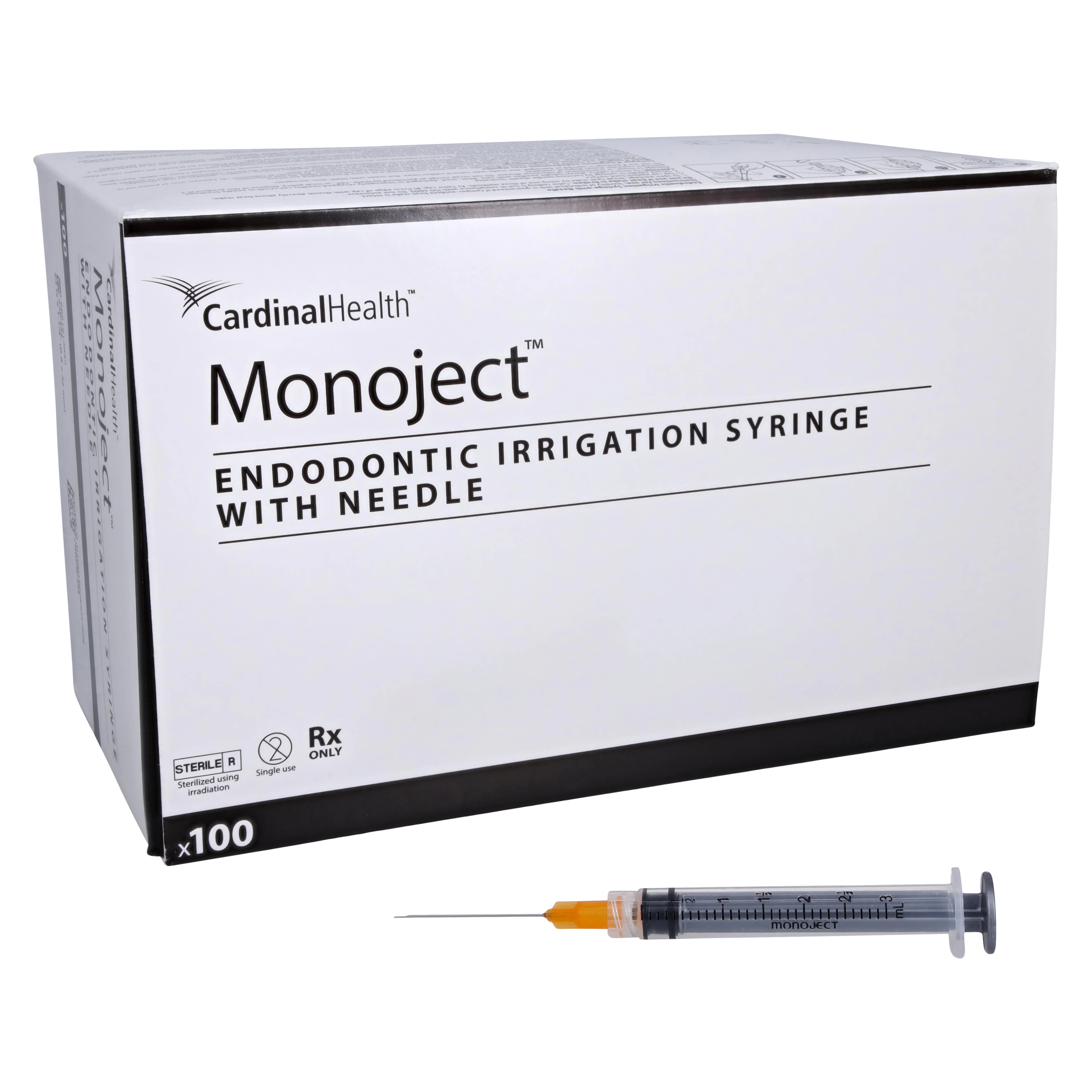 Monoject 513 Endodontic Irrigation Syringe with Needle, 23 Gauge x 1-1/4" (31.7 mm), 3 mL, Orange, Sterile, 100/Box, 8881513843