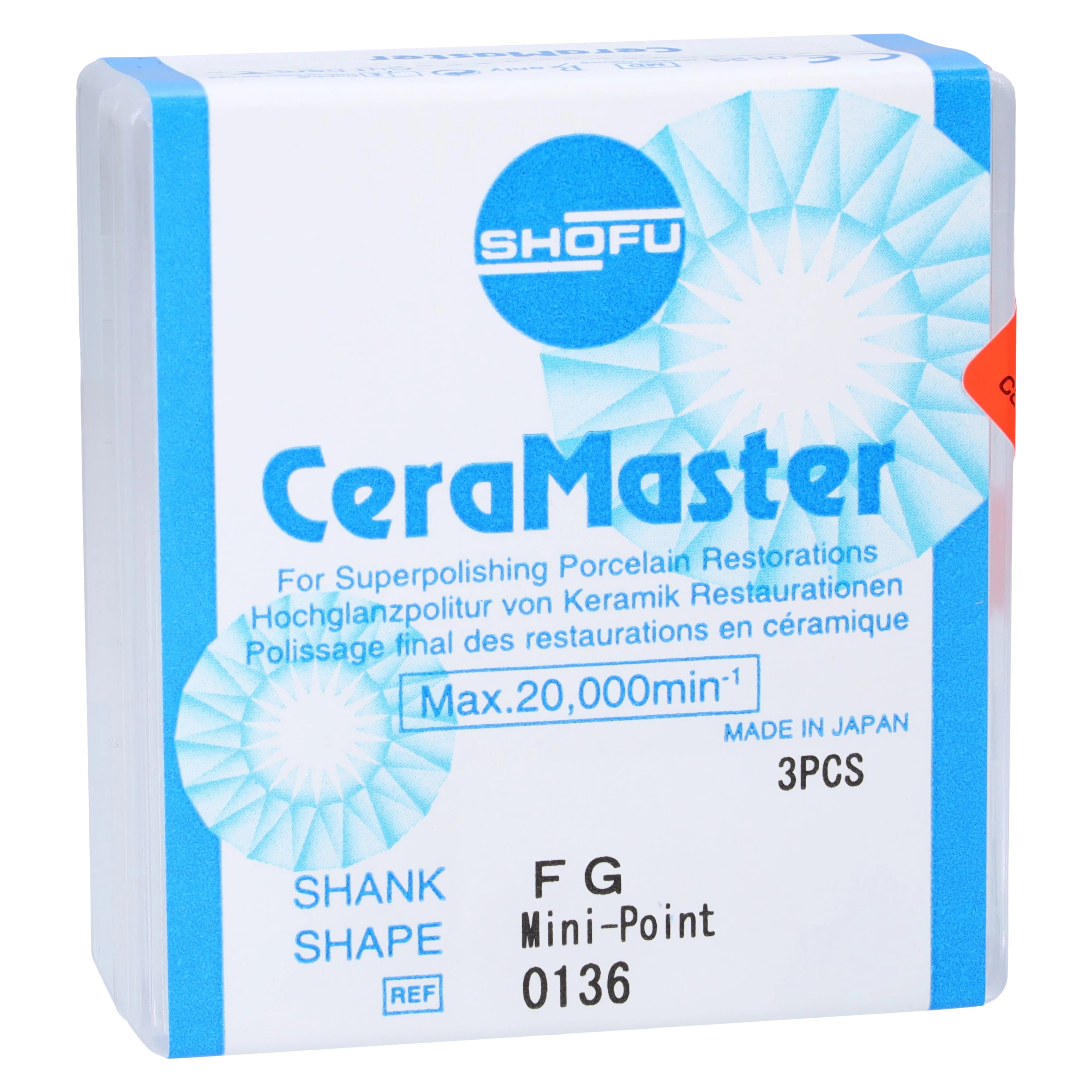 Shofu CeraMaster Diamond-Impregnated Silicone Polisher, FG Mini-Point, Regular Grit, ISO #030, 3/Pkg, #0136
