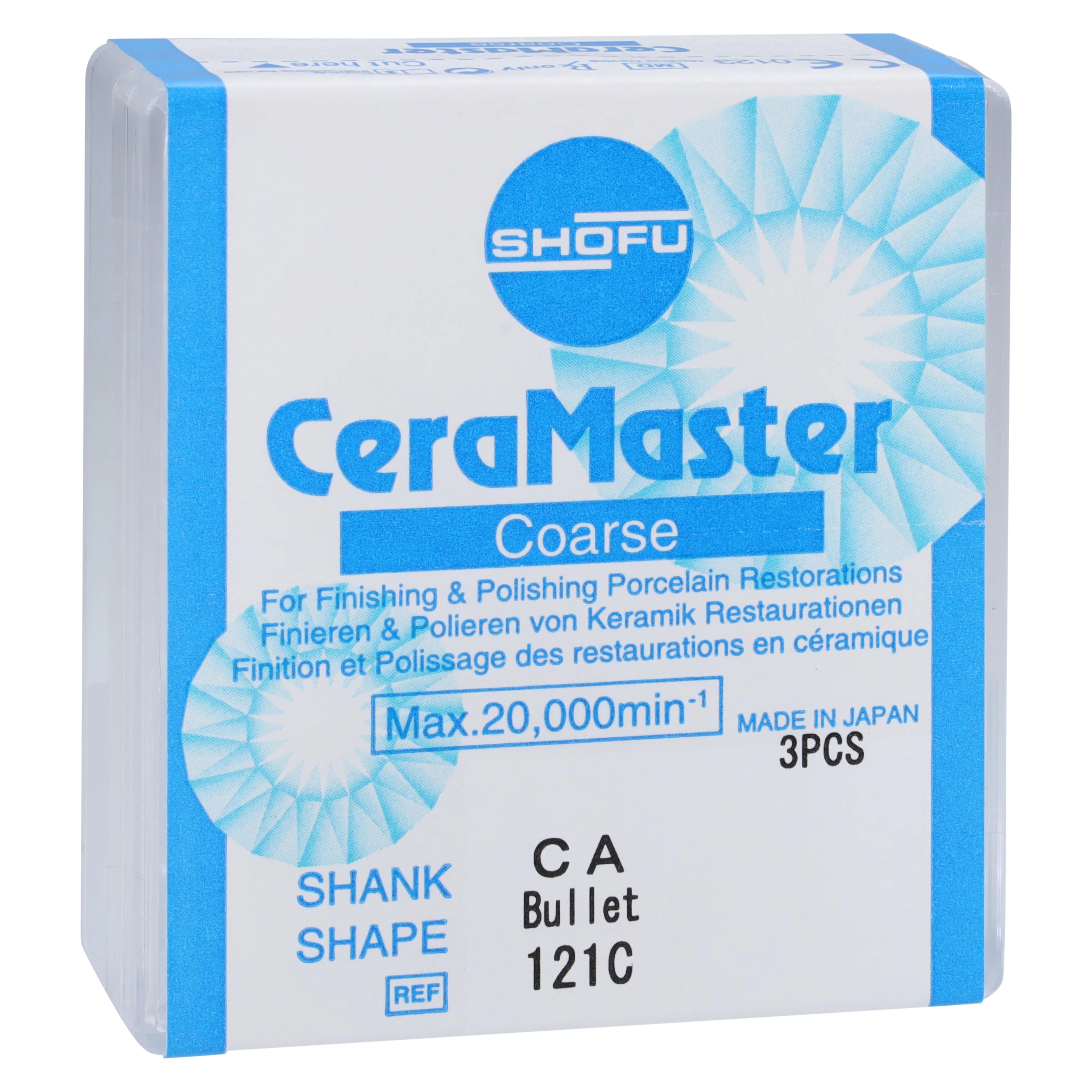 Shofu CeraMaster Coarse Polisher, CA, Bullet, #040, Coarse, Blue/White, 3/Pk, 121C
