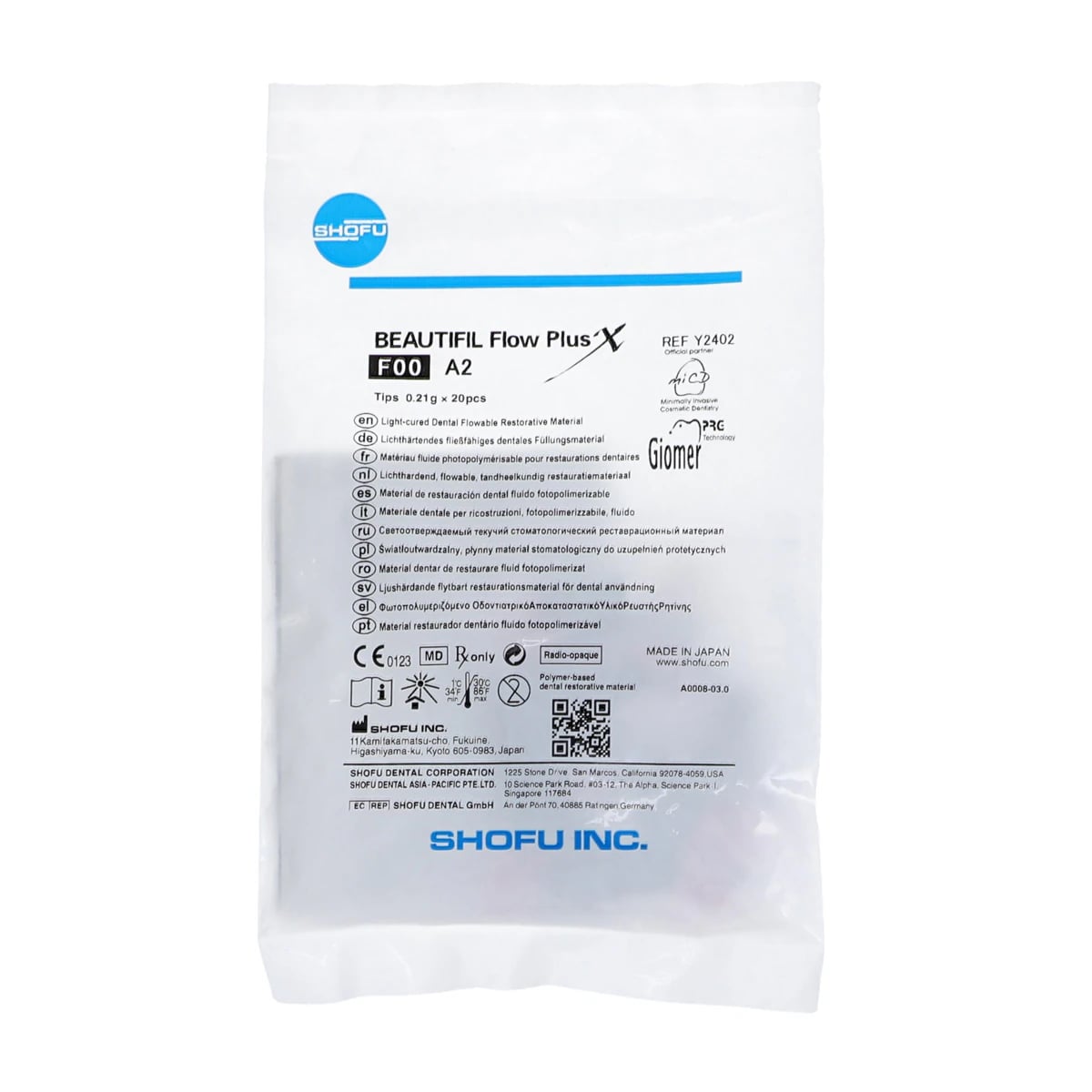 Beautifil Flow Plus X F00 (Zero Flow) Flowable Composite Tips, A2, 0.21 g, 20/Pkg, Y2402
