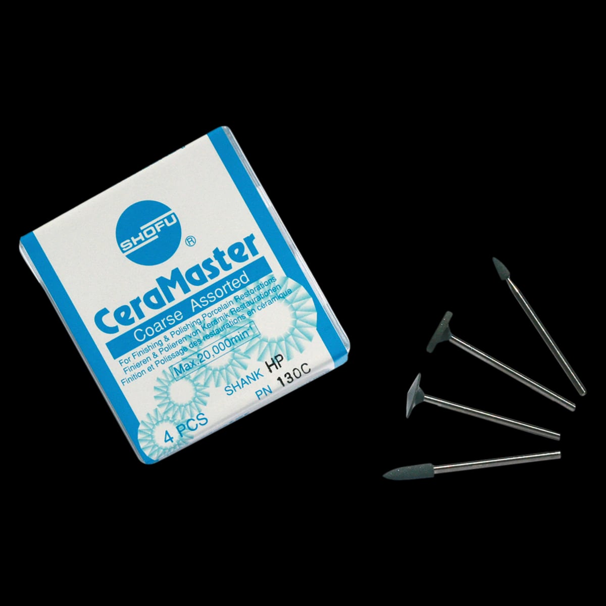 Shofu CeraMaster Coarse Assortment HP Kit, Diamond Polishers, 4-Piece Set (Bullet, Mini-Point, KN7, WH6), 130C