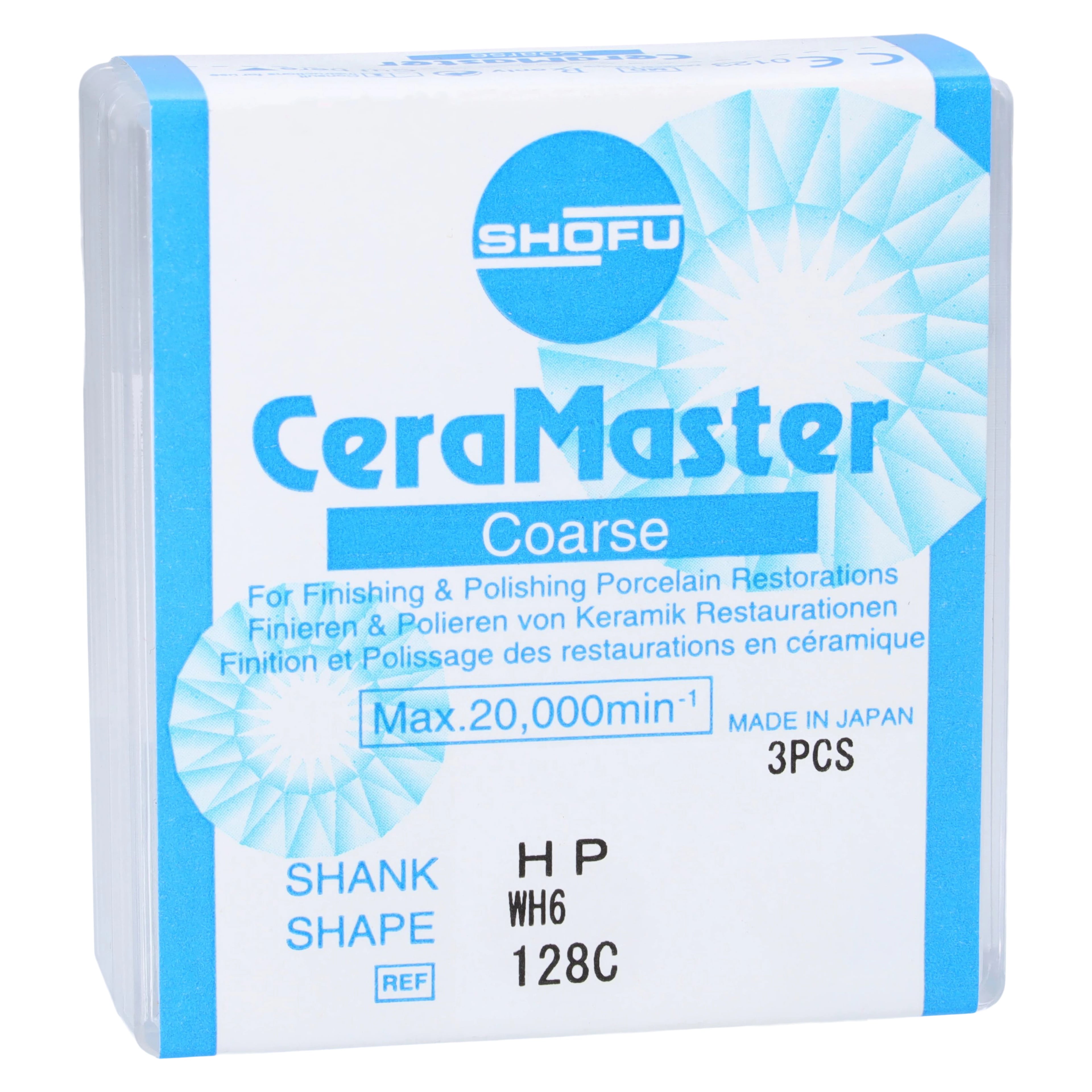 Shofu CeraMaster Coarse Diamond-Impregnated Polisher, WH6 Wheel, HP, Blue/White, 3/Pkg, 128C