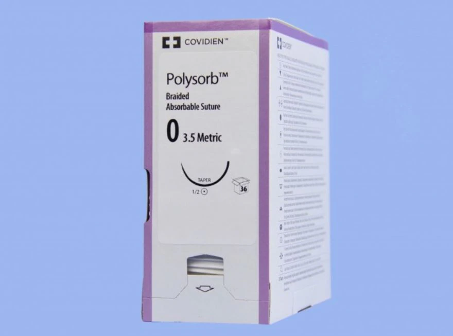 Medtronic Polysorb Absorbable Suture, Size 0, 30" Polyester Braid, GS-22 Taper Point 1/2 Circle Needle 27mm, Undyed, 36/Case