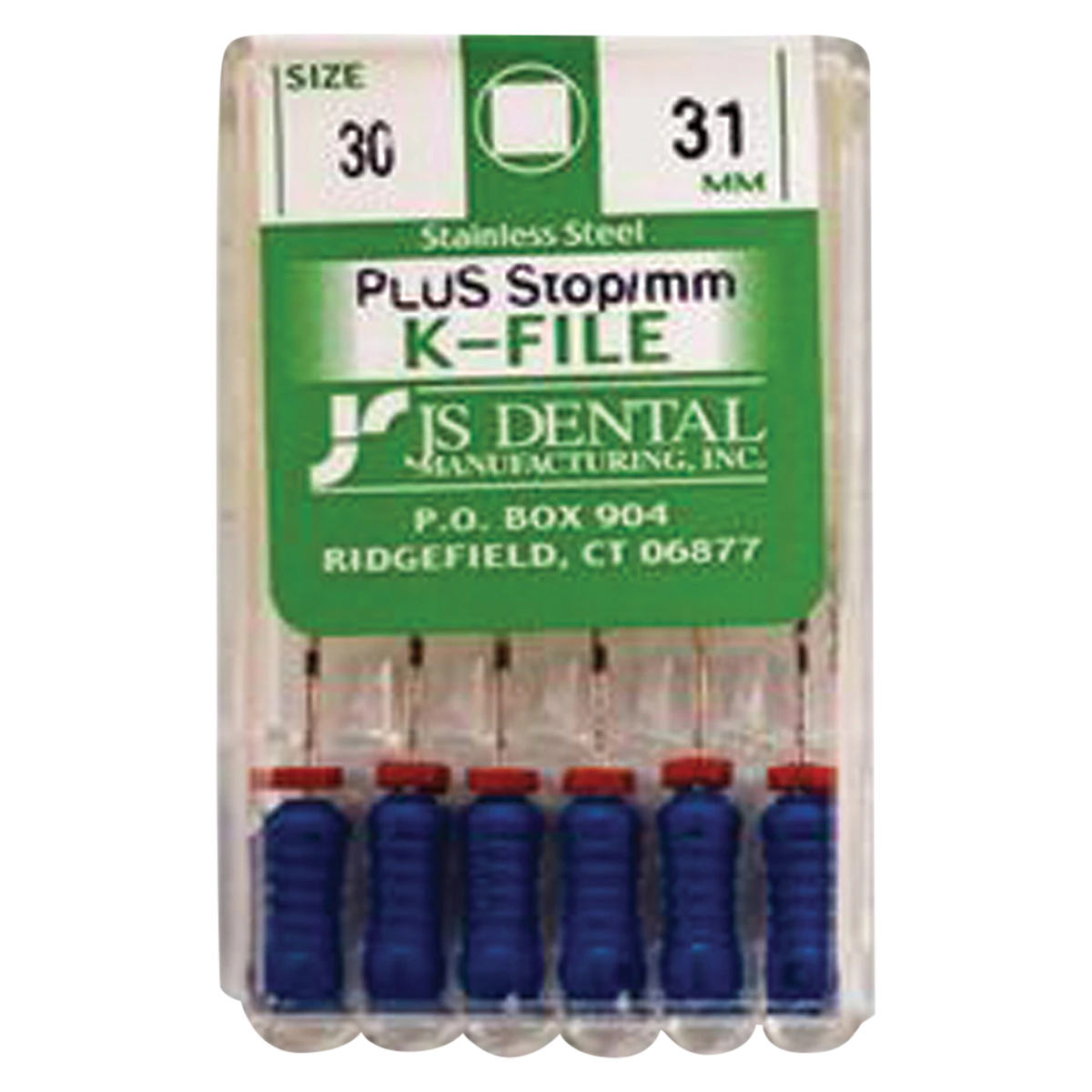 JS Dental K-File Plus #30 (Blue) Stainless Steel Endodontic File, 31mm, with Rubber Stops & mm Markings, 6/Box