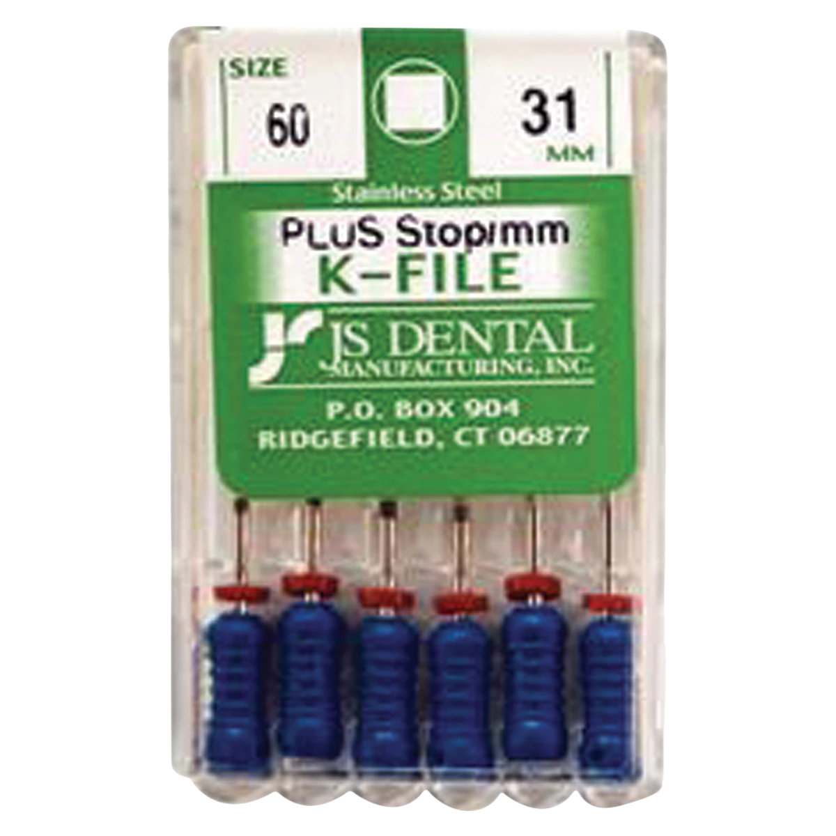 JS Dental SS K-File Plus with Rubber Stops, Size 60, 31 mm, Stainless Steel, Blue, 6/Box