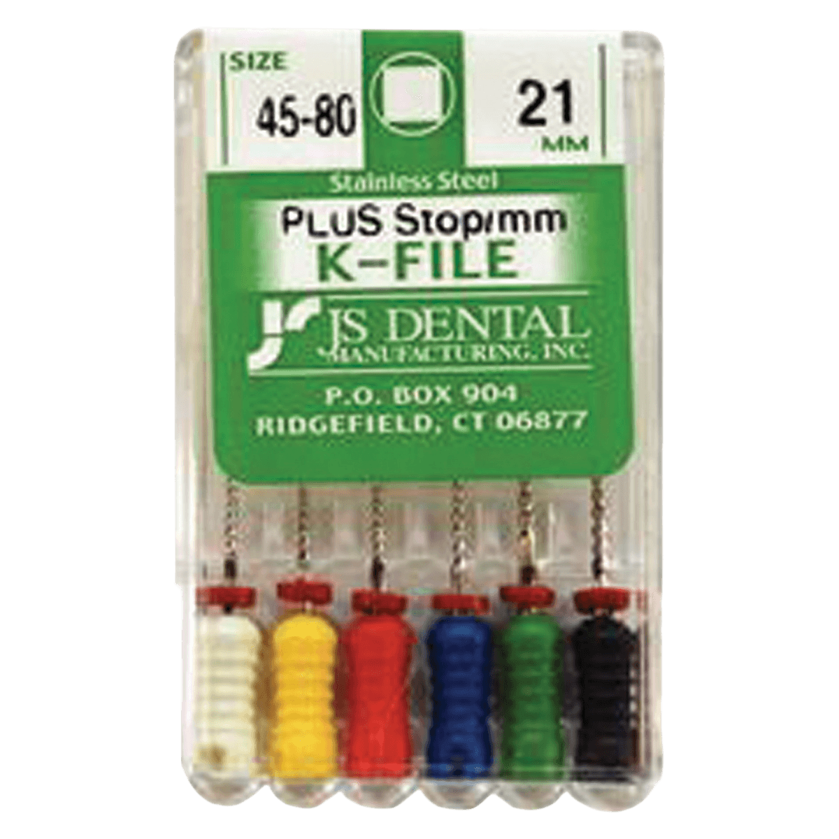 JS Dental SS K-File Plus with Rubber Stops, 21mm, Assorted Sizes 45-80, 6/Box