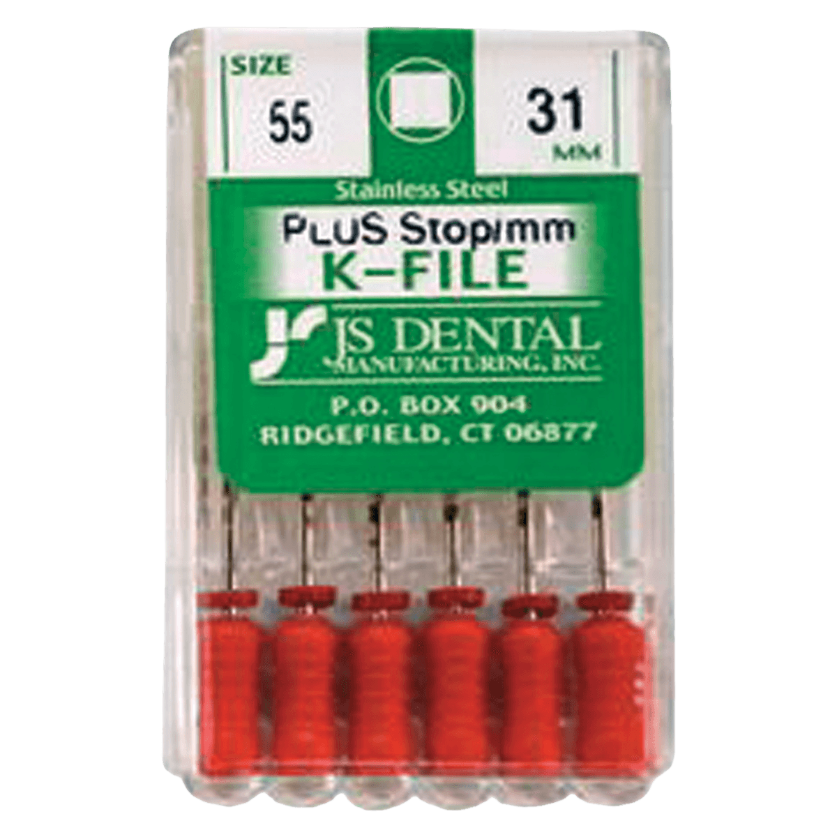 JS Dental K-Files PLUS Stainless Steel Endodontic Hand Files, Size #55, 31 mm, Red, 6/Box