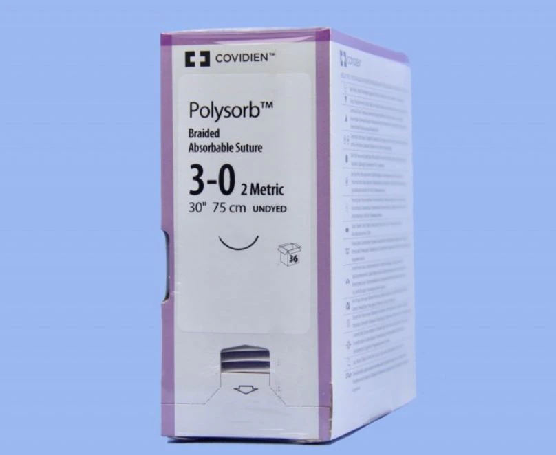 Medtronic Polysorb Suture, 3-0, 30" Polyester Braid, P-14 Premium Reverse Cutting 3/8 Circle Needle 24mm, Undyed, 36/Case