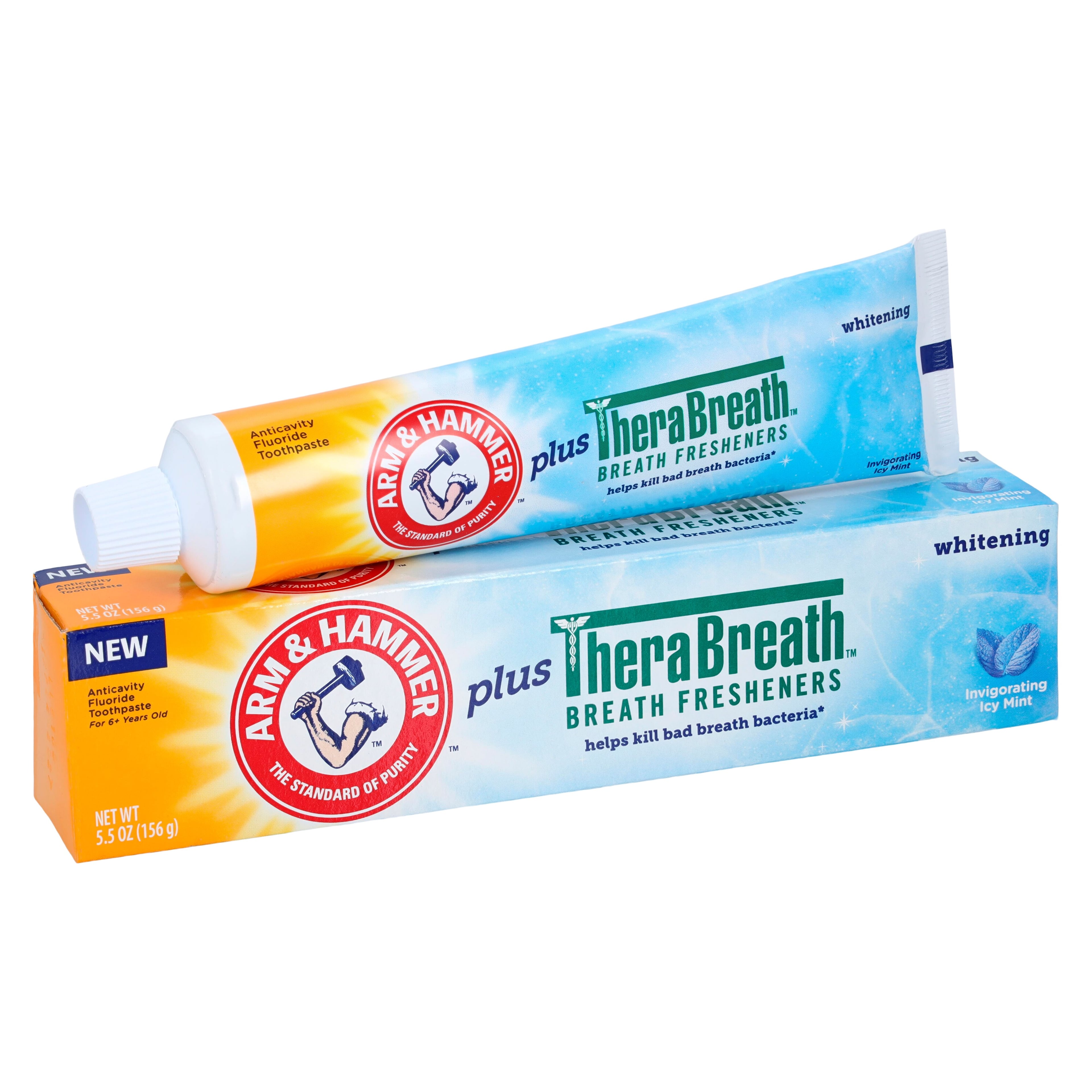 Arm & Hammer plus TheraBreath Whitening Toothpaste, 6+ Years, Icy Mint, Fluoride, 5.5 oz, 12/Ca