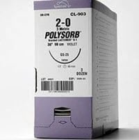 Medtronic Polysorb Absorbable Suture, 2-0, 18", V-20 Taper Point 1/2 Circle Needle 26mm, Coated Violet, 12/Case