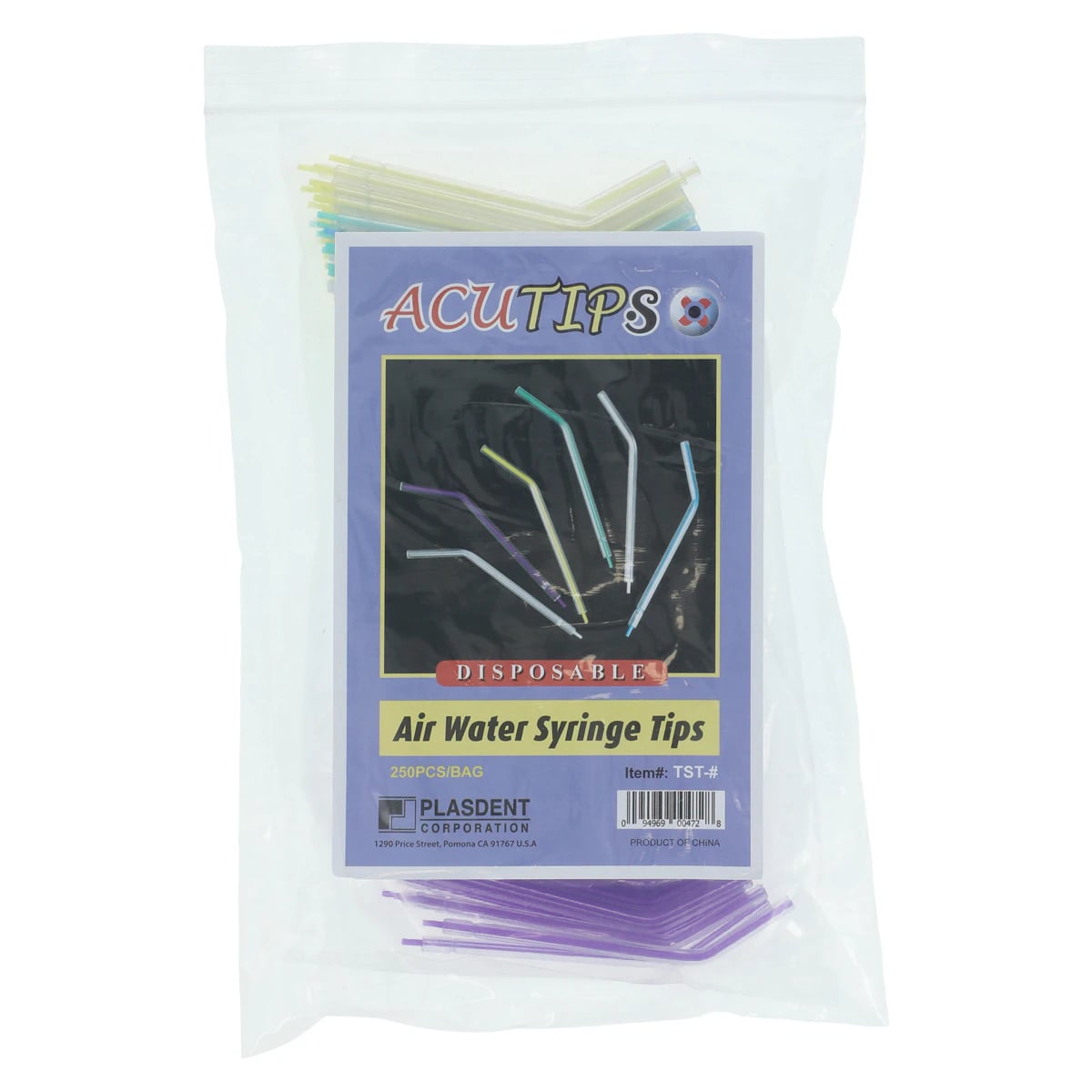 Plasdent Acutips Disposable Air/Water Syringe Tips, Assorted Colors, 250/Bag