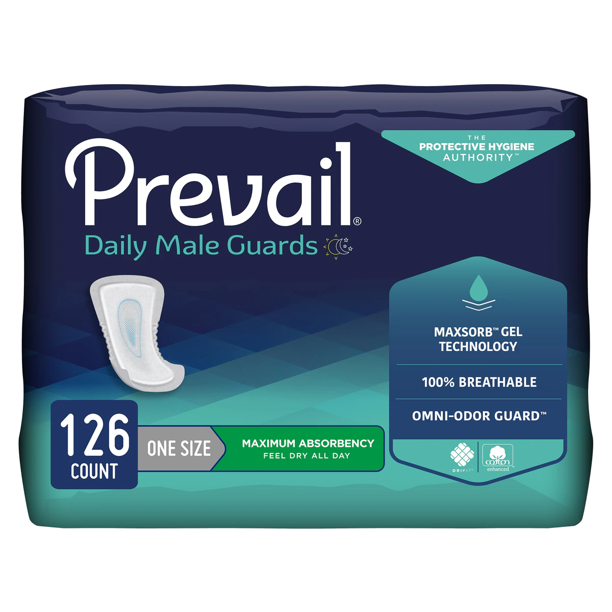Prevail Male Incontinence Guard, Heavy, 12.5", Gray, Odor Guard, Adhesive Strip, MaxSorb, 14x9/Case