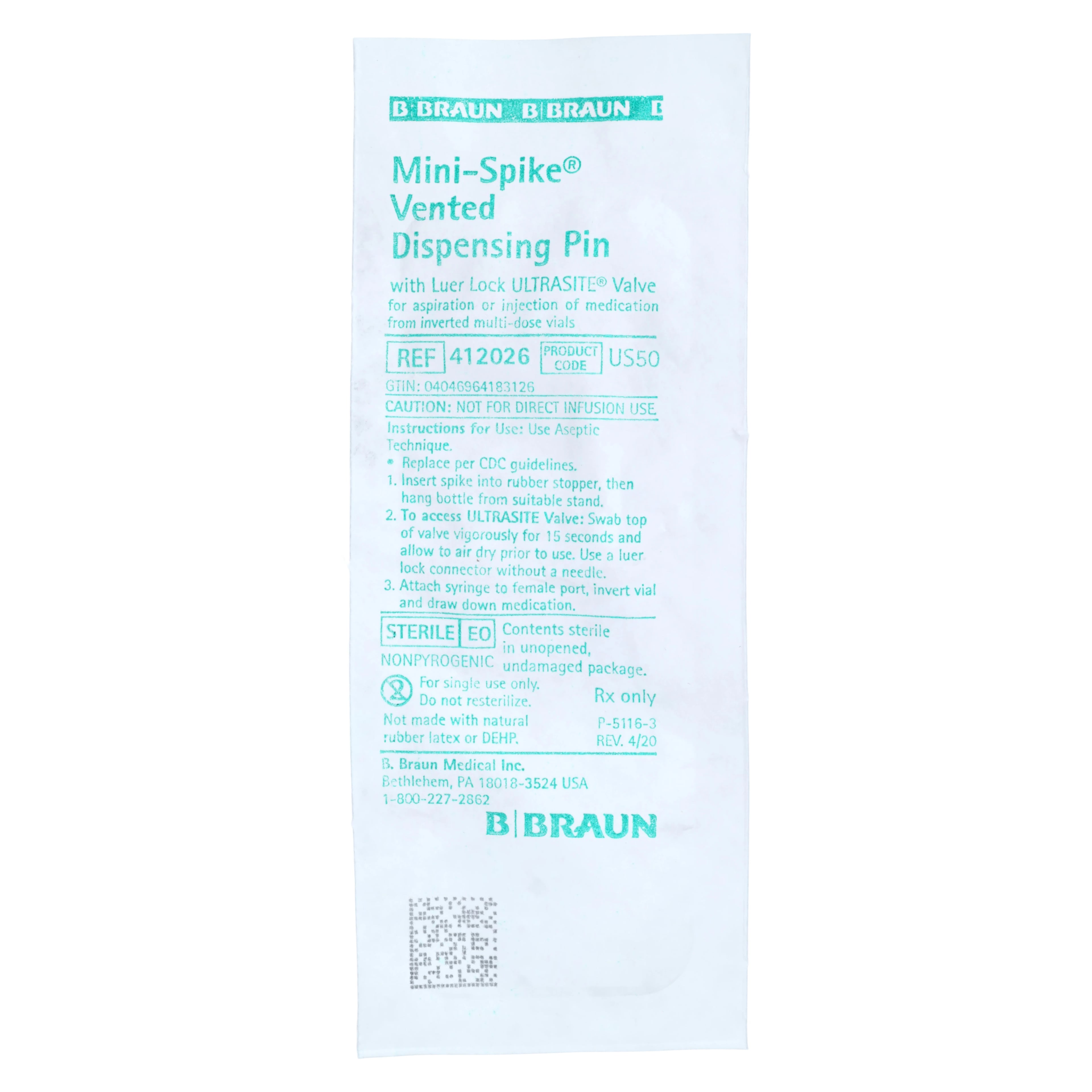 B Braun Ultrasite Needle-Free Dispensing Pin, Mini-Spike, 2-Way Valve, 50/Case, 412026