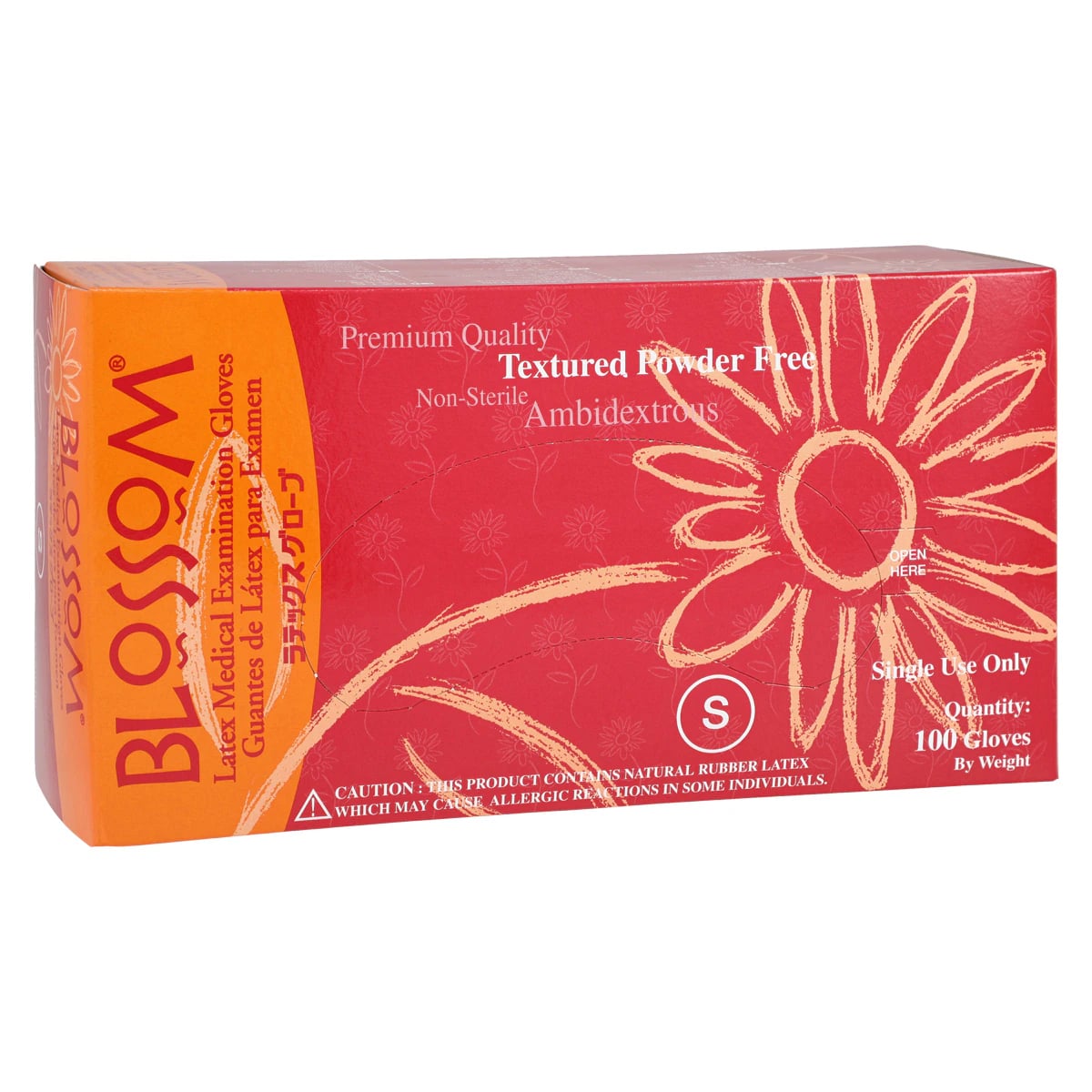 Blossom Latex Exam Gloves, Powder-Free, Textured, Non-Sterile, Small, White, 100/Box, 6226
