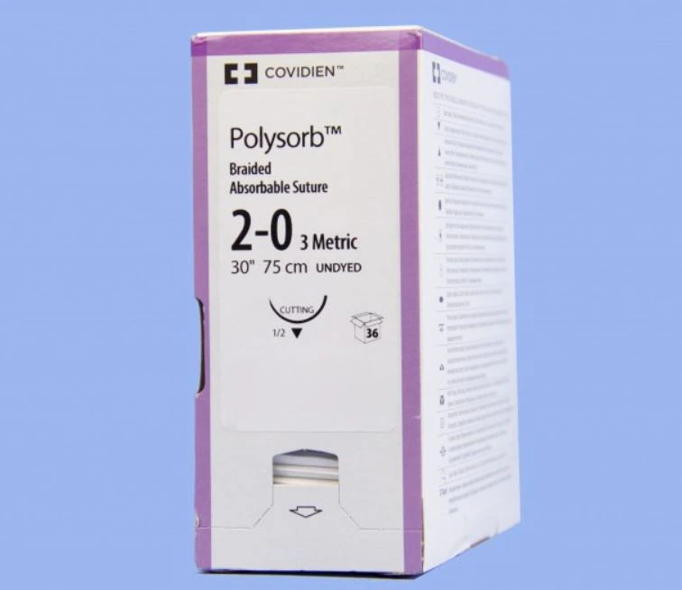 Medtronic Polysorb Absorbable Suture, 2-0, 30" Polyester Braid, GS-11 Reverse Cutting 1/2 Circle Needle 37mm, Undyed, 36/Case