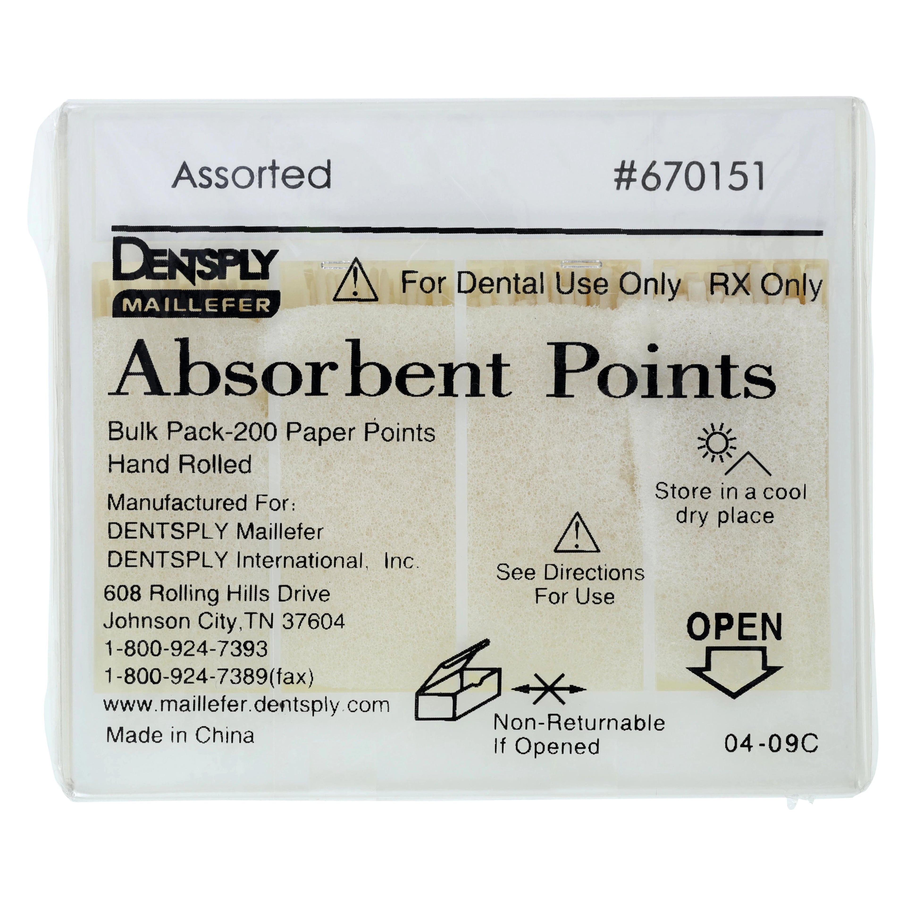 Dentsply Maillefer Absorbent Paper Points, Assorted X-Fine to Coarse, Hand-Rolled, Non-Sterile, 200/Bx, 670151