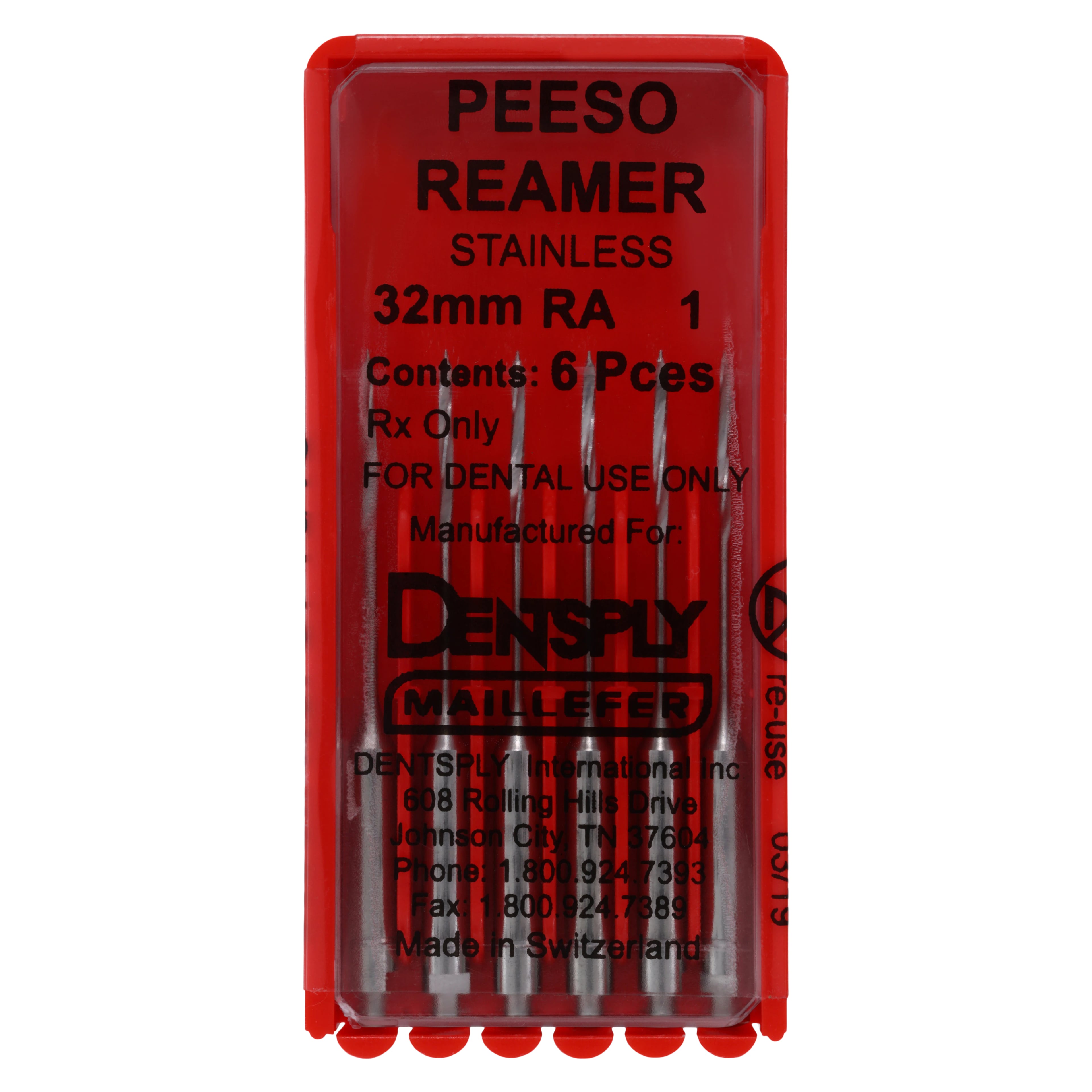Dentsply Maillefer Stainless Steel Peeso Reamer, RA, 32 mm, Size #1, 6/Pk, 671510