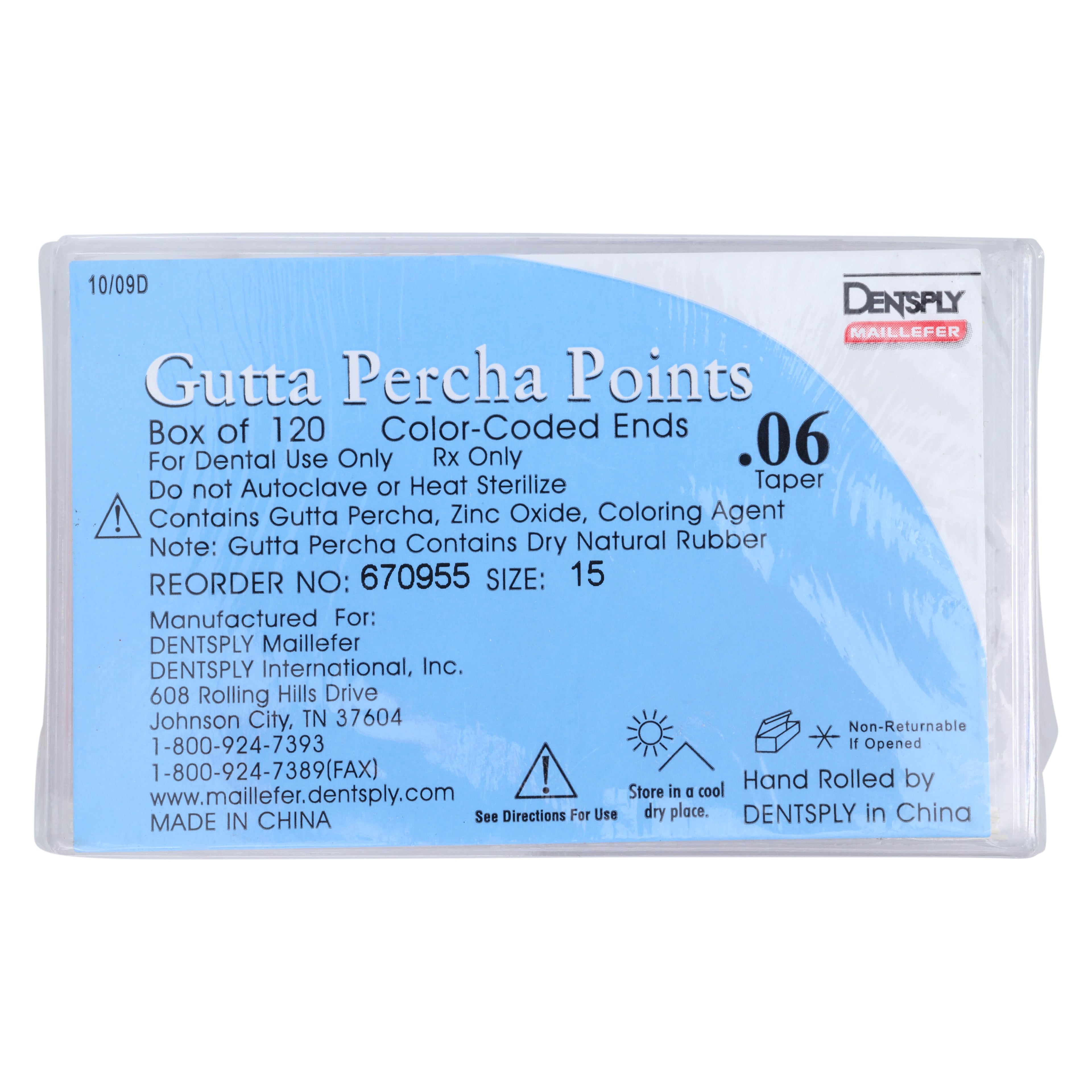 Dentsply Maillefer Tapered Gutta Percha Points, .06 Taper, Size #15, White, 30mm, 120/Bx (6 Vials of 20)