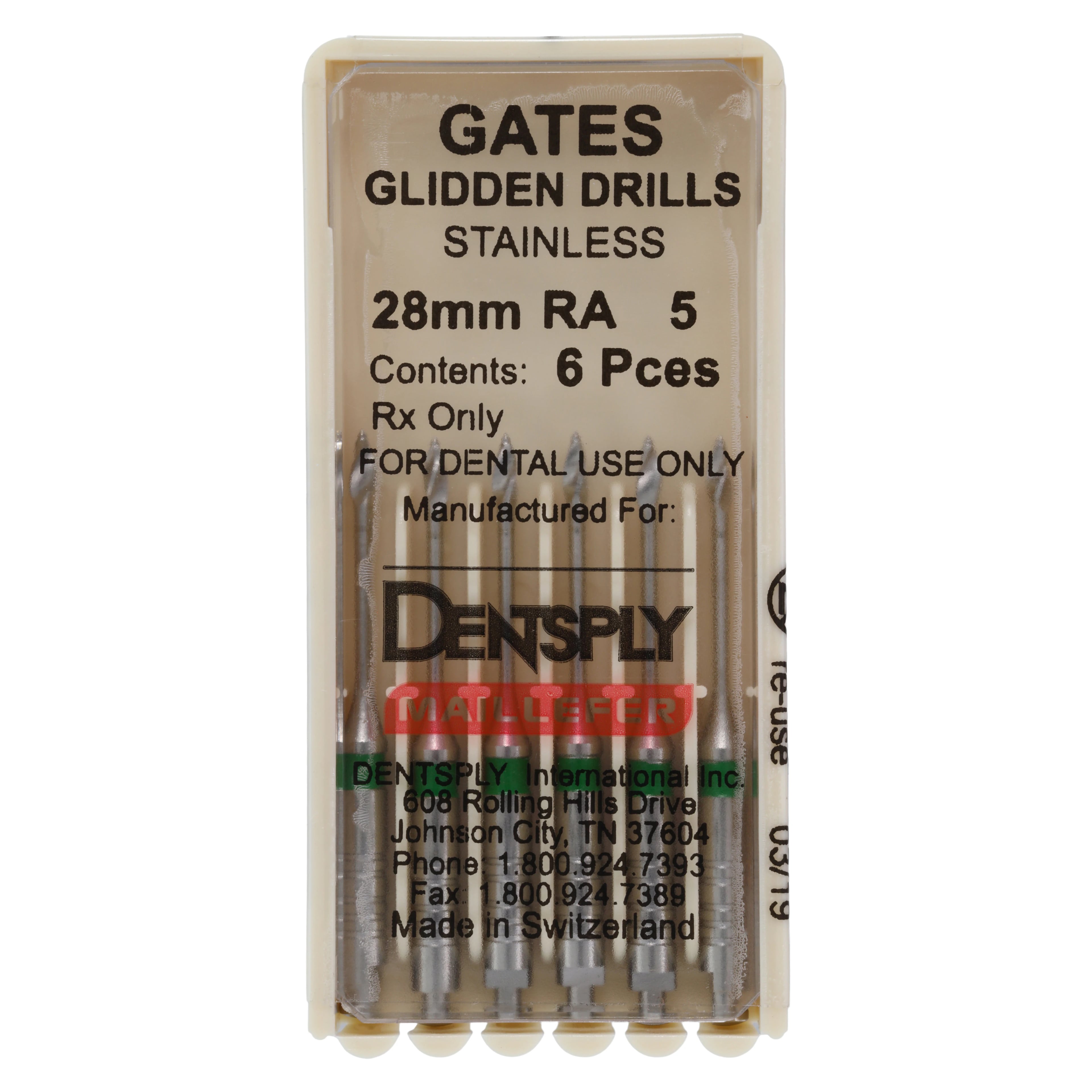 Dentsply Maillefer Gates Glidden Drills, Short, Stainless Steel, #5 (Green), 28mm, Right Angle, 6/Pk, 671534
