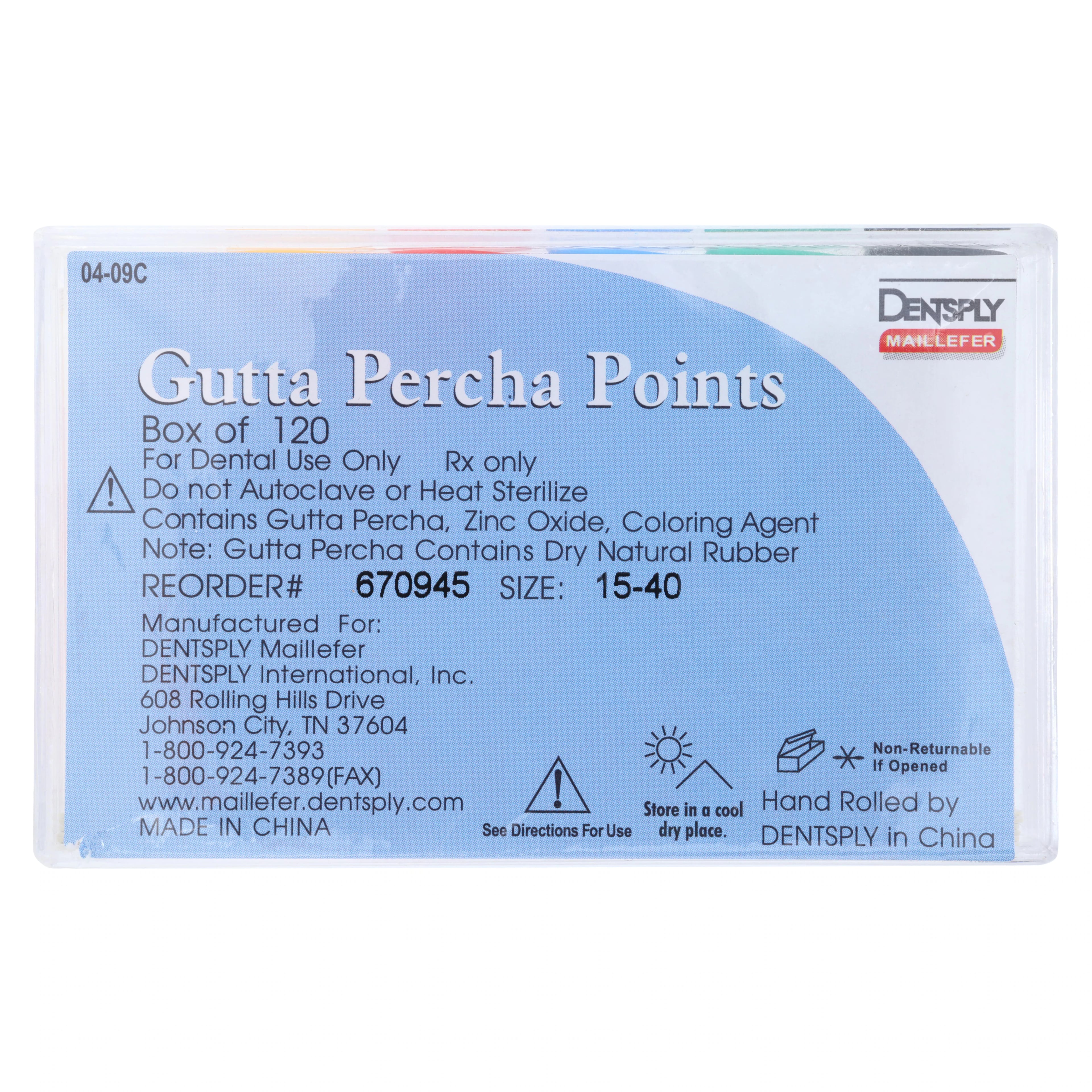 Dentsply Sirona Maillefer Gutta Percha Points, ISO Assorted #15-40, .02 Taper, 30mm, 120/Bx (6 Vials of 20), 670945