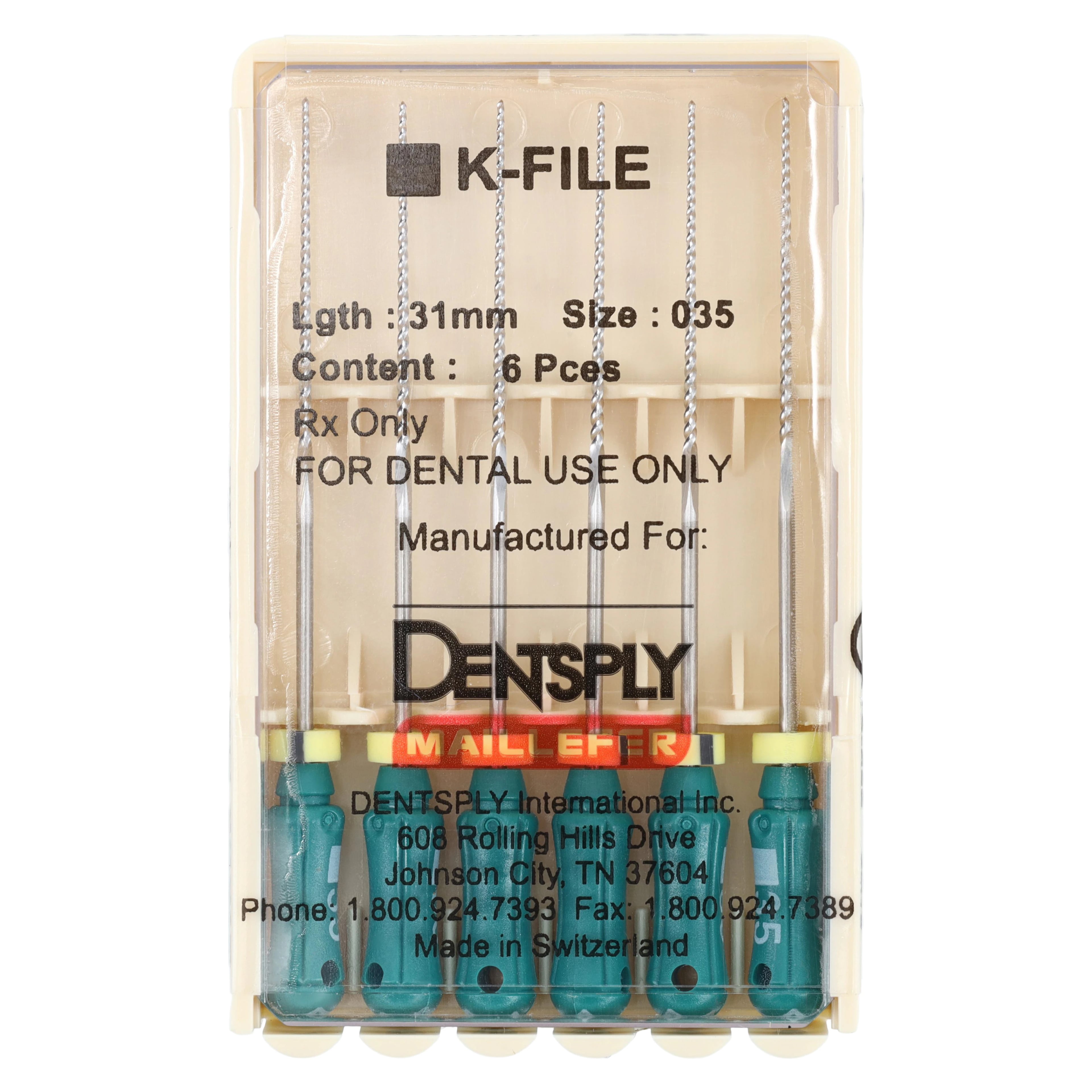 Dentsply Maillefer K-File #35 (Green), 31mm, Stainless Steel, Pack of 6, Ref 671166
