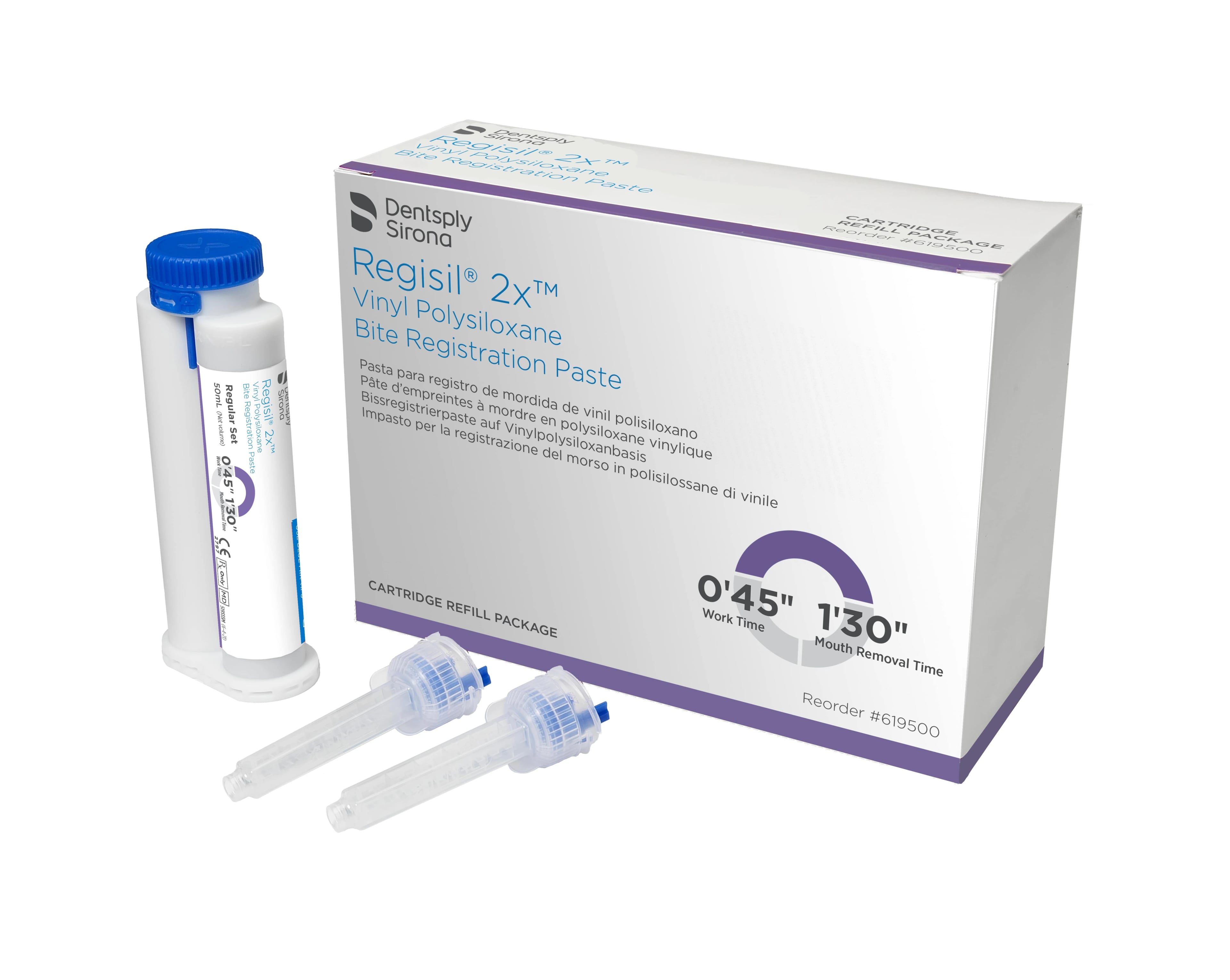 Regisil 2X VPS Bite Registration Material, Regular Set, 50 mL Cartridges, Purple/Teal, 4-Pack Refill with 12 Mixing Tips, 619500