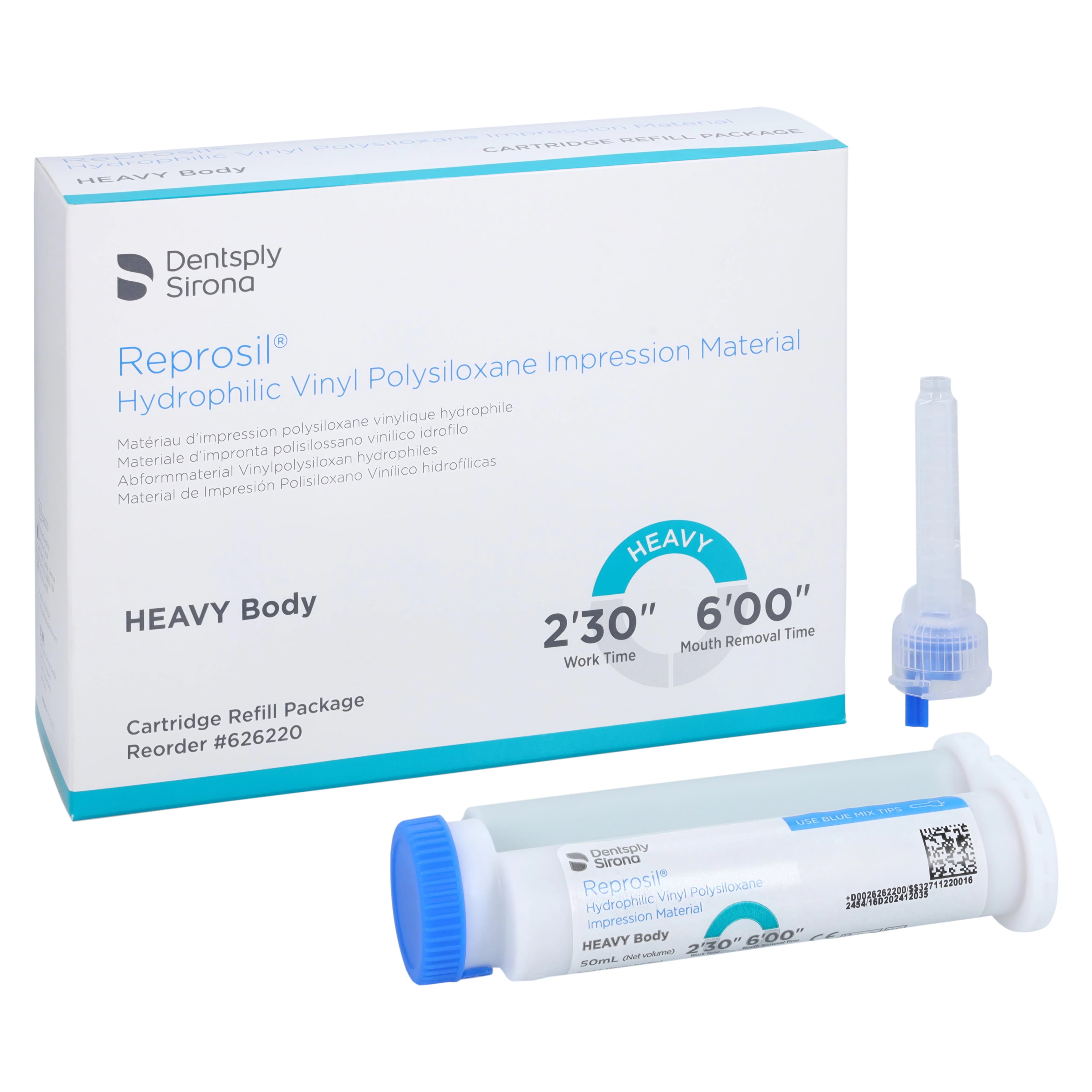Reprosil Hydrophilic Vinyl Polysiloxane (VPS) Impression Material, Heavy Body, Green, Cartridge Refill, 4 x 50 mL Cartridges with 12 Mixing Tips, 626220