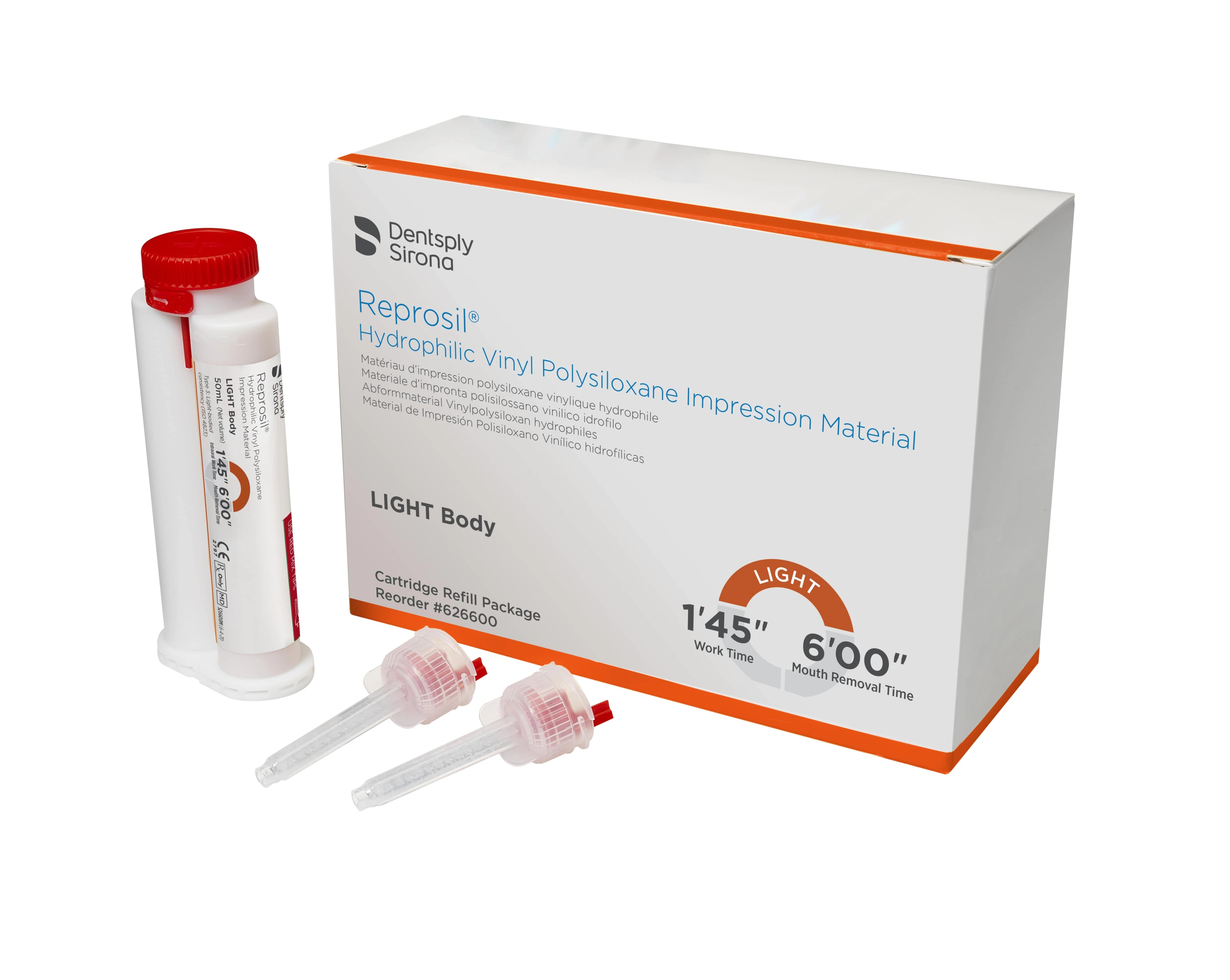 Reprosil Hydrophilic VPS Impression Material, Light Body, Orange, 50 ml Cartridge Refill with Tips, 4/Pk, 626600